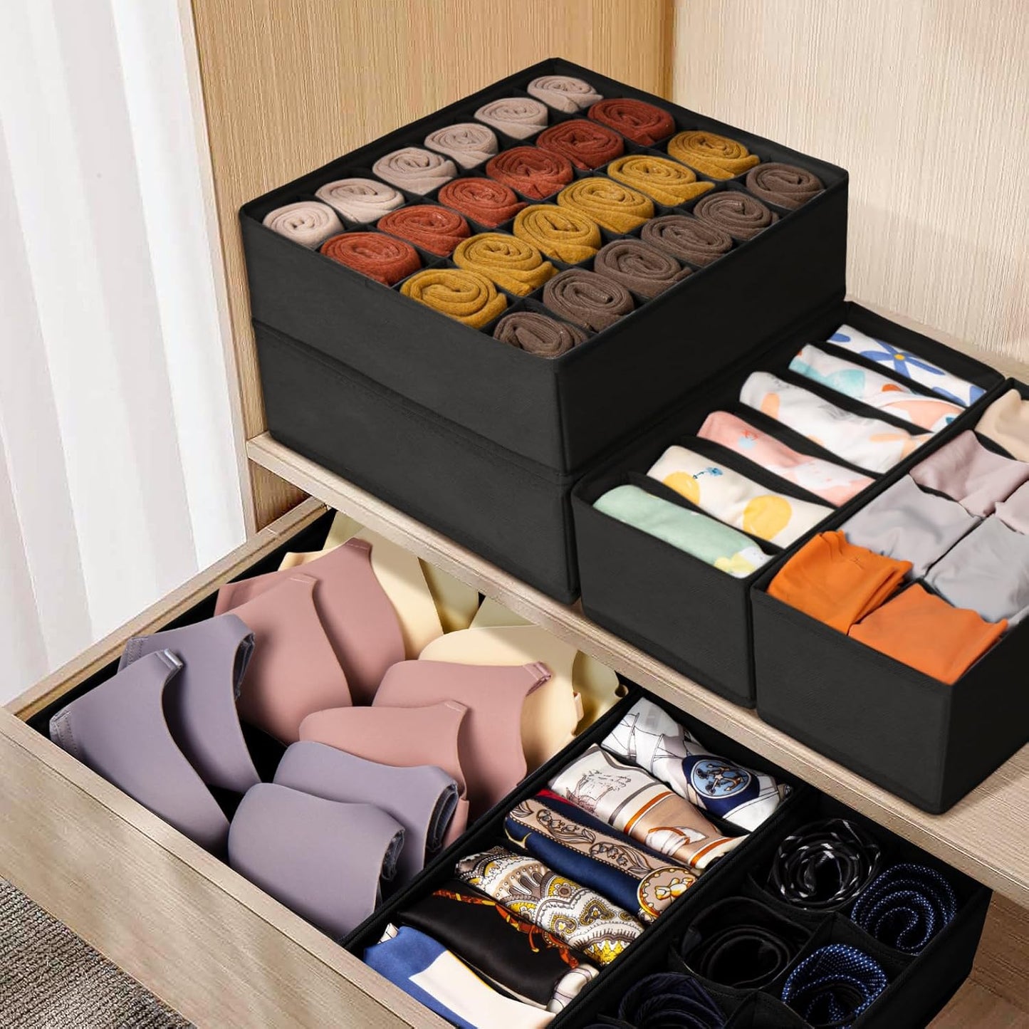 Drawer Organizer Clothes, 16 Pack Dresser Organizer Bins for Baby Clothes, Underwear Sock, Fabric Closet Organization and Storage Dividers for Nursery Bedroom (96 Compartments, Black)