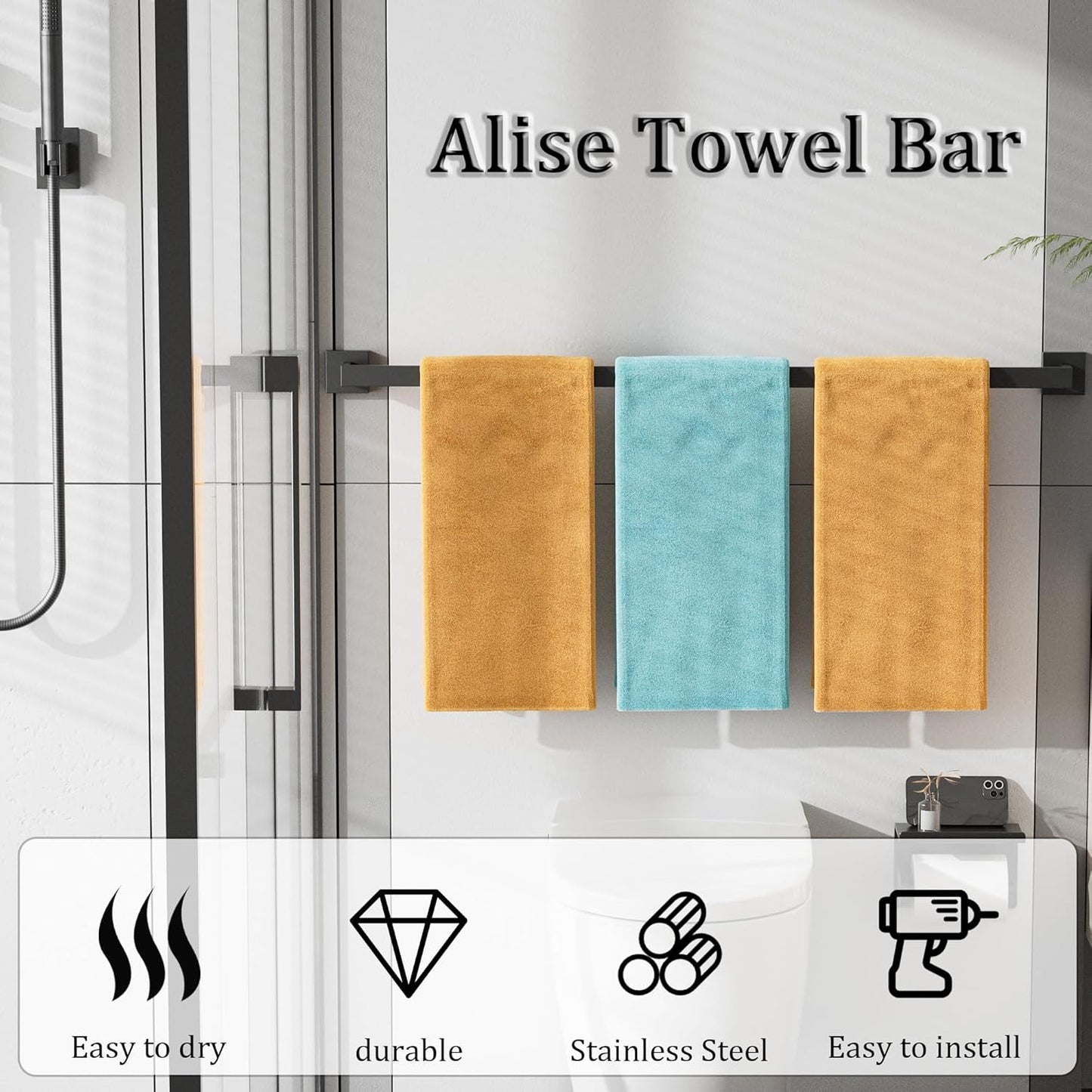 Alise Black Towel Bars,31.5 Inch Towel Holder Towel Racks for Bathroom and Lavatory,SUS304 Stainless Steel Hand Towel Hanger Rail Wall Mount,Useable Length 29.72 Inch Towel Bar, GYT080-B