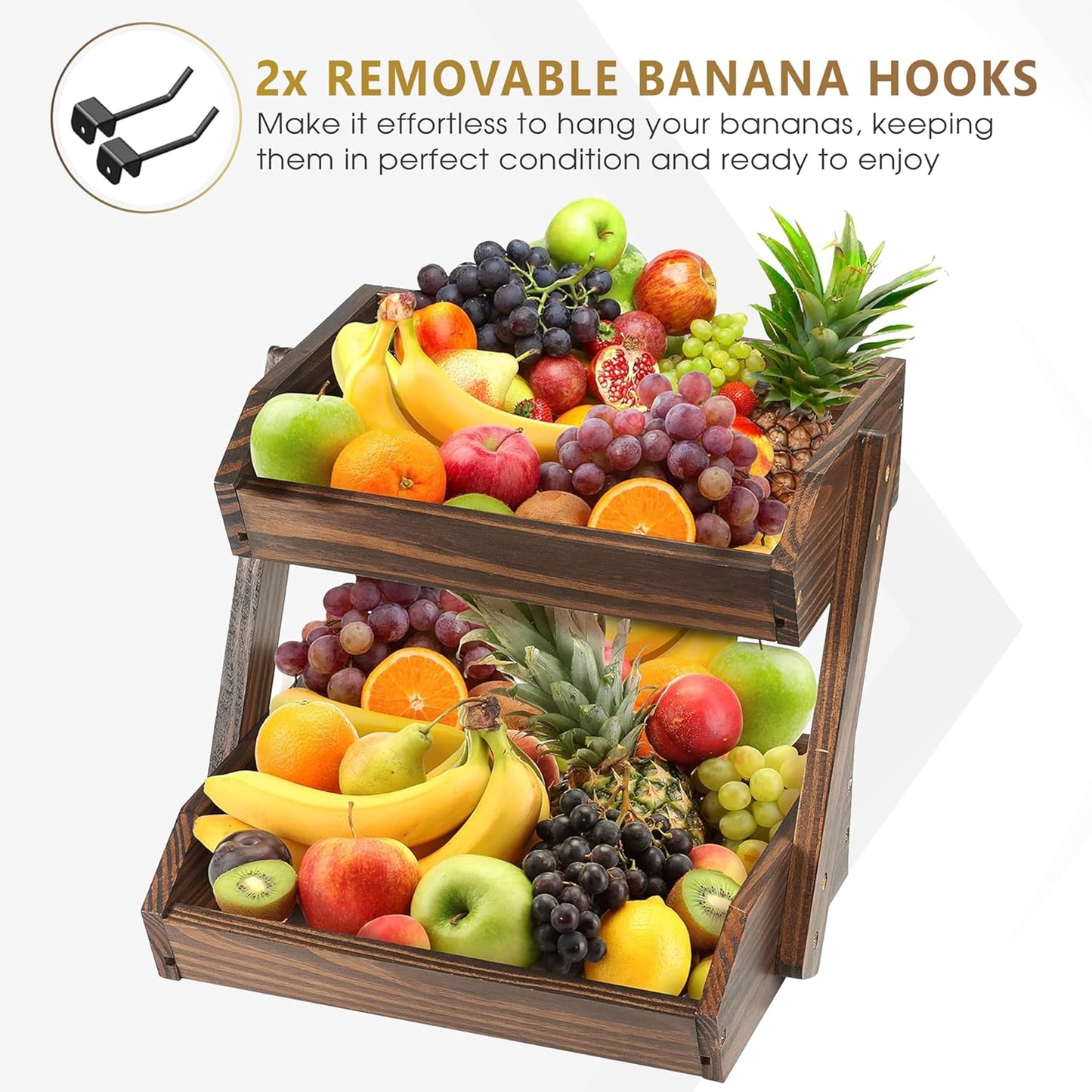 Large Capacity 2-Tier Wooden Fruit Basket, Durable Acacia Wood, 10.5" Tall, Spacious for Produce, Vegetables, Bread Storage and Home Kitchen Countertop