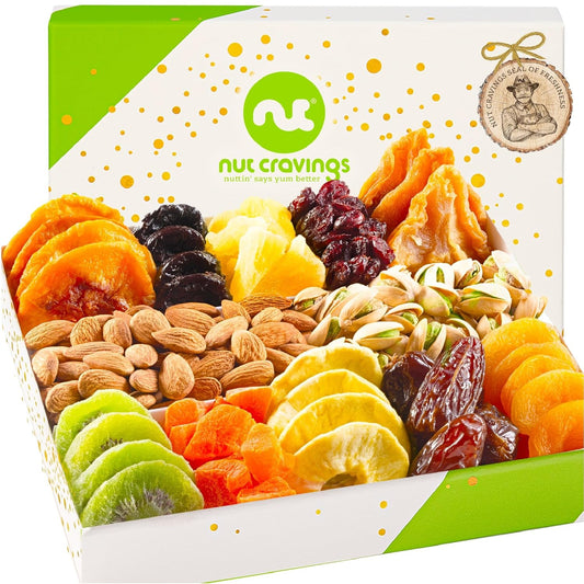 NUT CRAVINGS - Rosh Hashana & Shana Tova Dried Fruit & Mixed Nuts Gift Basket in White Gold Box (12 Assortments) Food Arrangement, Healthy Snack Care Package, Food Assortments