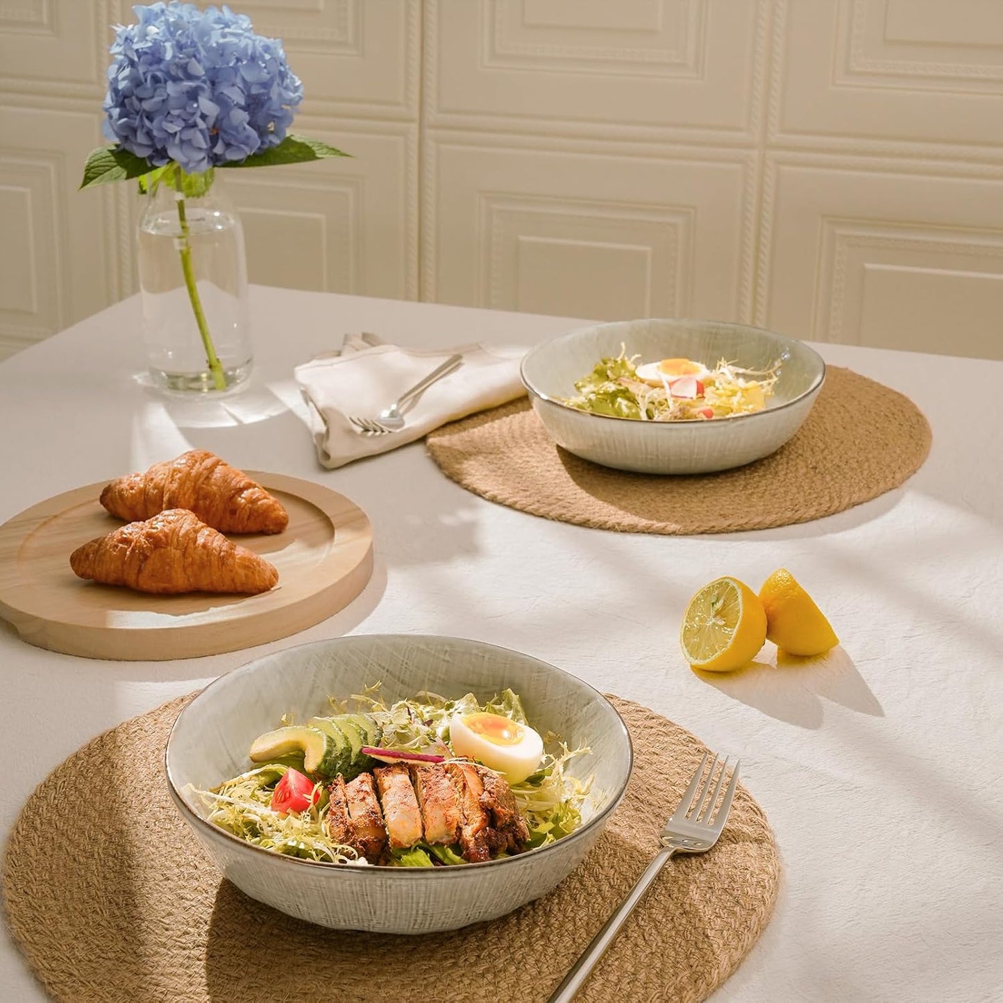 famiware Moonlight 8.5 Inch Pasta Bowls Set of 4, 32oz Serving Bowls for Kitchen, Soup Bowl with Linen Finish, Large Stoneware Bowls for Festivals, Housewarming, Dinnerware, Summer Sand