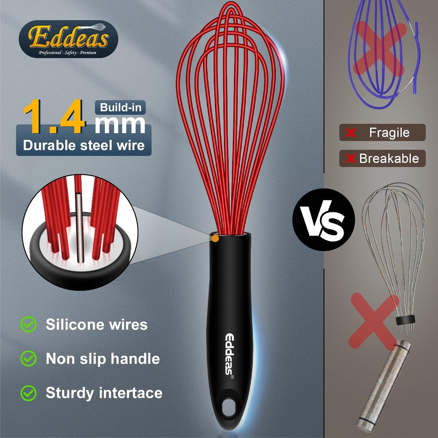 Silicone Whisk, Eddeas Stainless Steel & Silicone Non-Stick Coated Whisks set of 3-Heat Resistant (450°F) Kitchen Whisks Perfect for Blending, Whisking, Beating & Stirring, Red