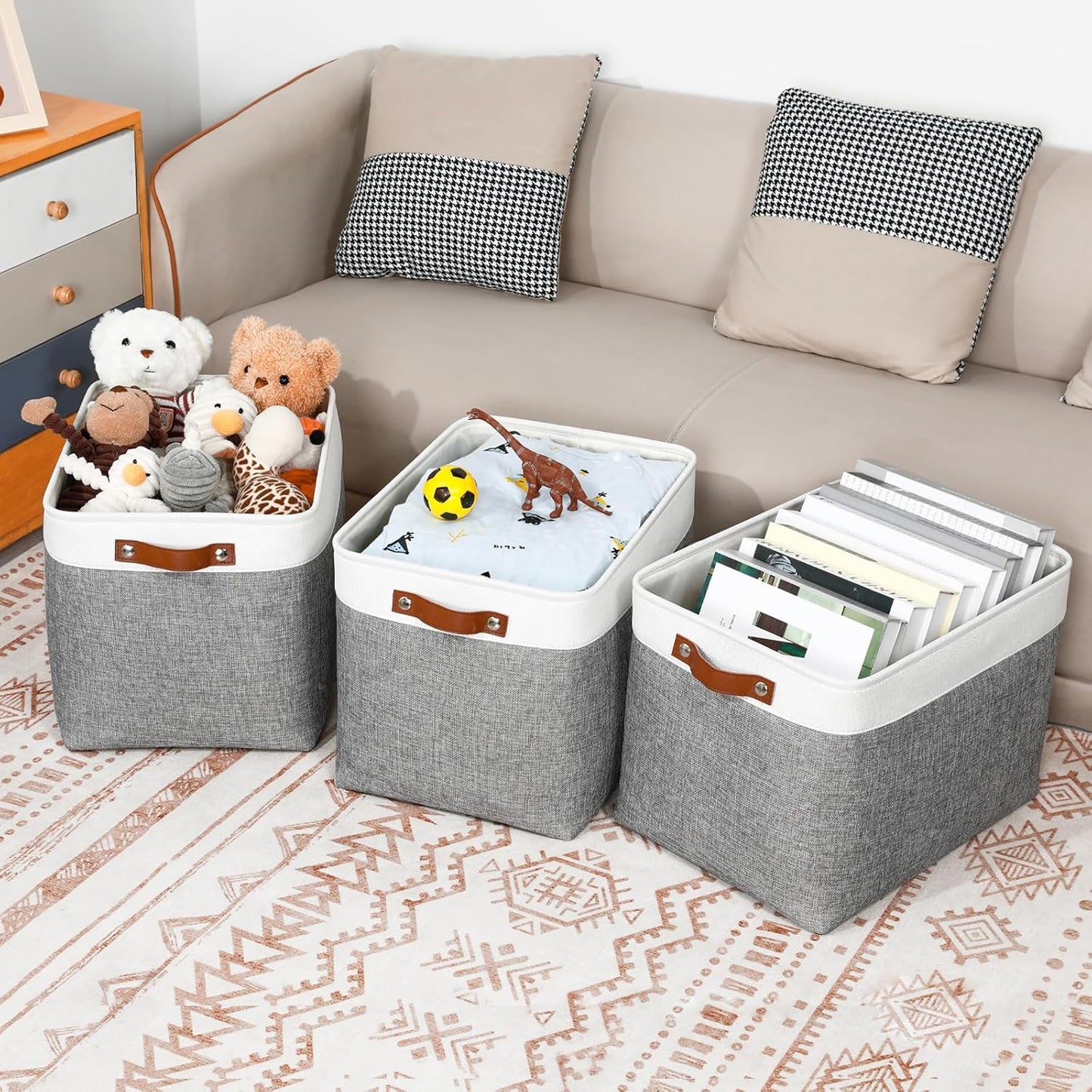 DULLEMELO Large Storage Baskets, Fabric Storage Basket with Leather Handles for Shelves Closet Nursery Toy Storage, Collapsible Fabric Baskets for Toy Book Magazine Towel Organizers(White&Gray)