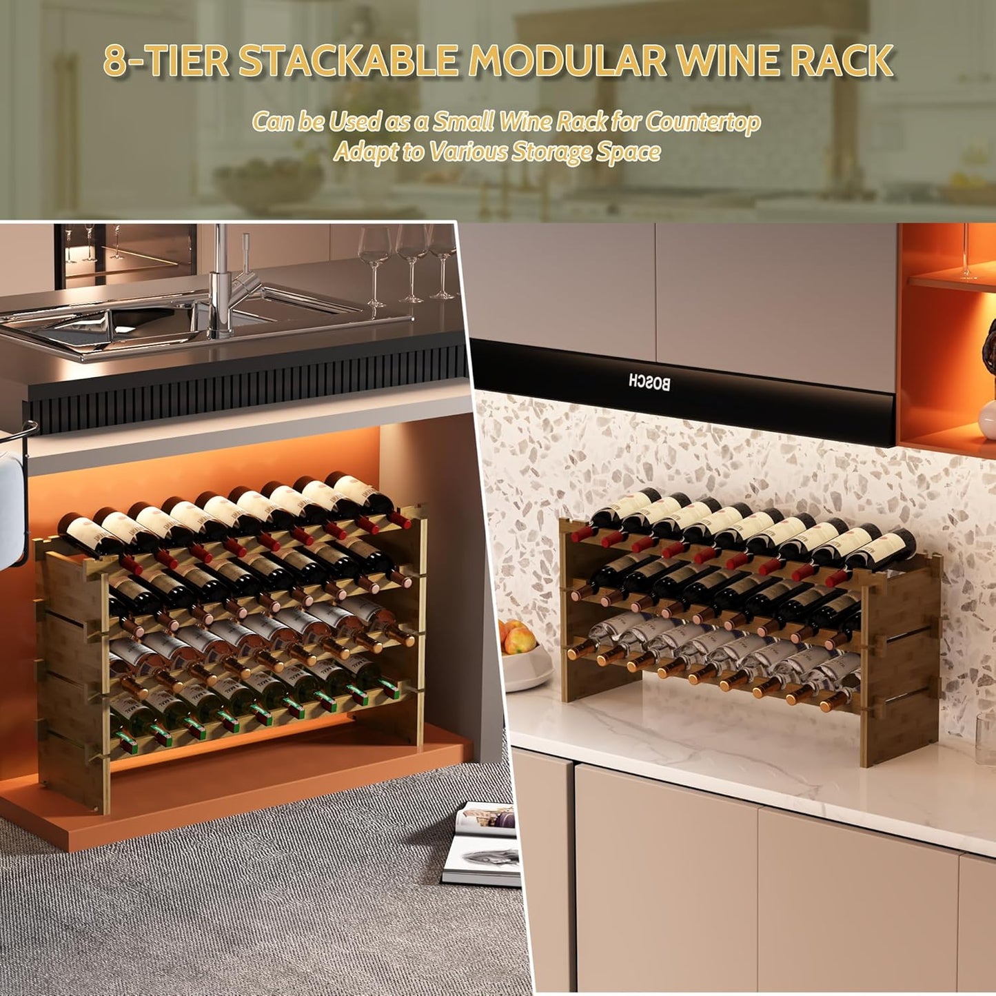 Wine Rack Freestanding Floor, Bamboo 8-Tier 69 Wine Bottle Holder Racks Countertop Cabinet Display, Wooden Stackable Modular Wine Storage Organizer Shelves for Kitchen Bar Cellar Dining Room Walnut