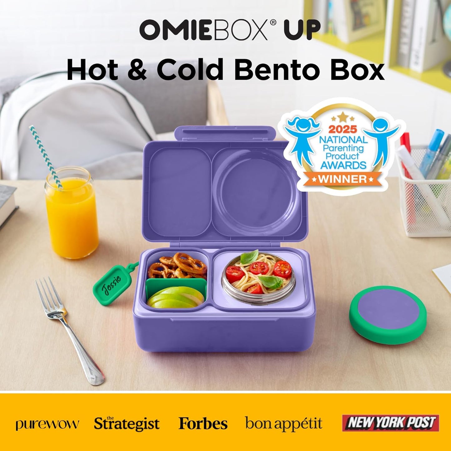 Omie OmieBox UP bento Box for Kids | Insulated Lunch Box | Leak Proof Vacuum Insulated Thermal Food jar | Cooler ice Pack | 2 Compartments (Galaxy Purple)