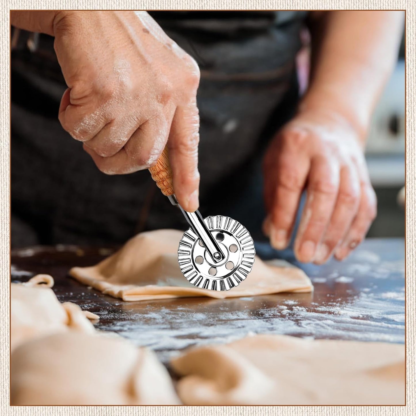 Long Handle Large Cutter Wheel - Exquisite Wooden Handle, Perfect for Pasta, Pizza, Ravioli, Cookie - Versatile Crinkle and Biscuit Cutter for Effortless Slicing