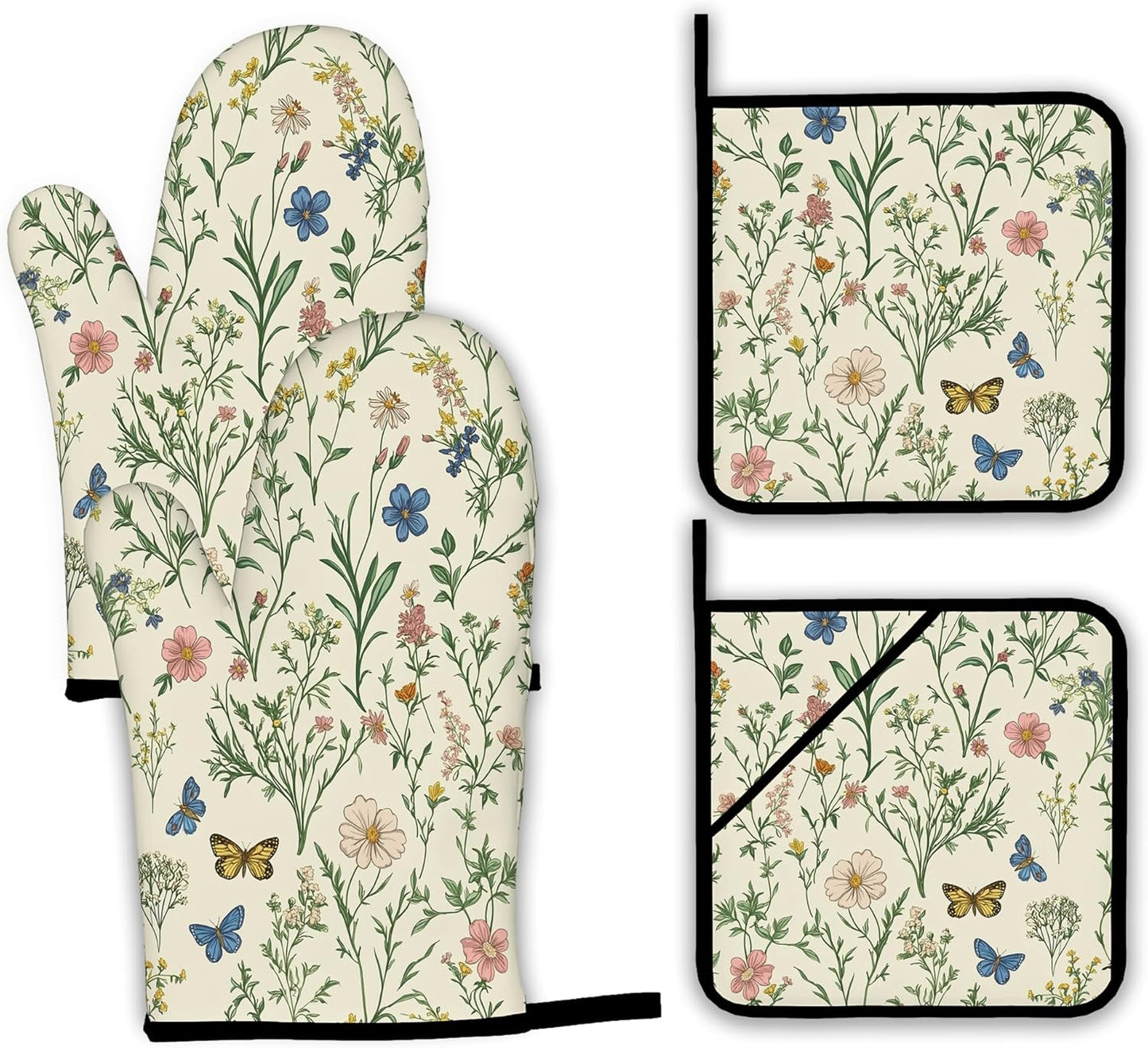 Wildflowers Oven Mitts and Pot Holders,Vintage Garden Plants Herb Flower Botanical Heat Resistant Oven Mitts Gloves and Pot Holder for Home Kitchen Decorations Cooking Baking BBQ Gifts,Set of 4
