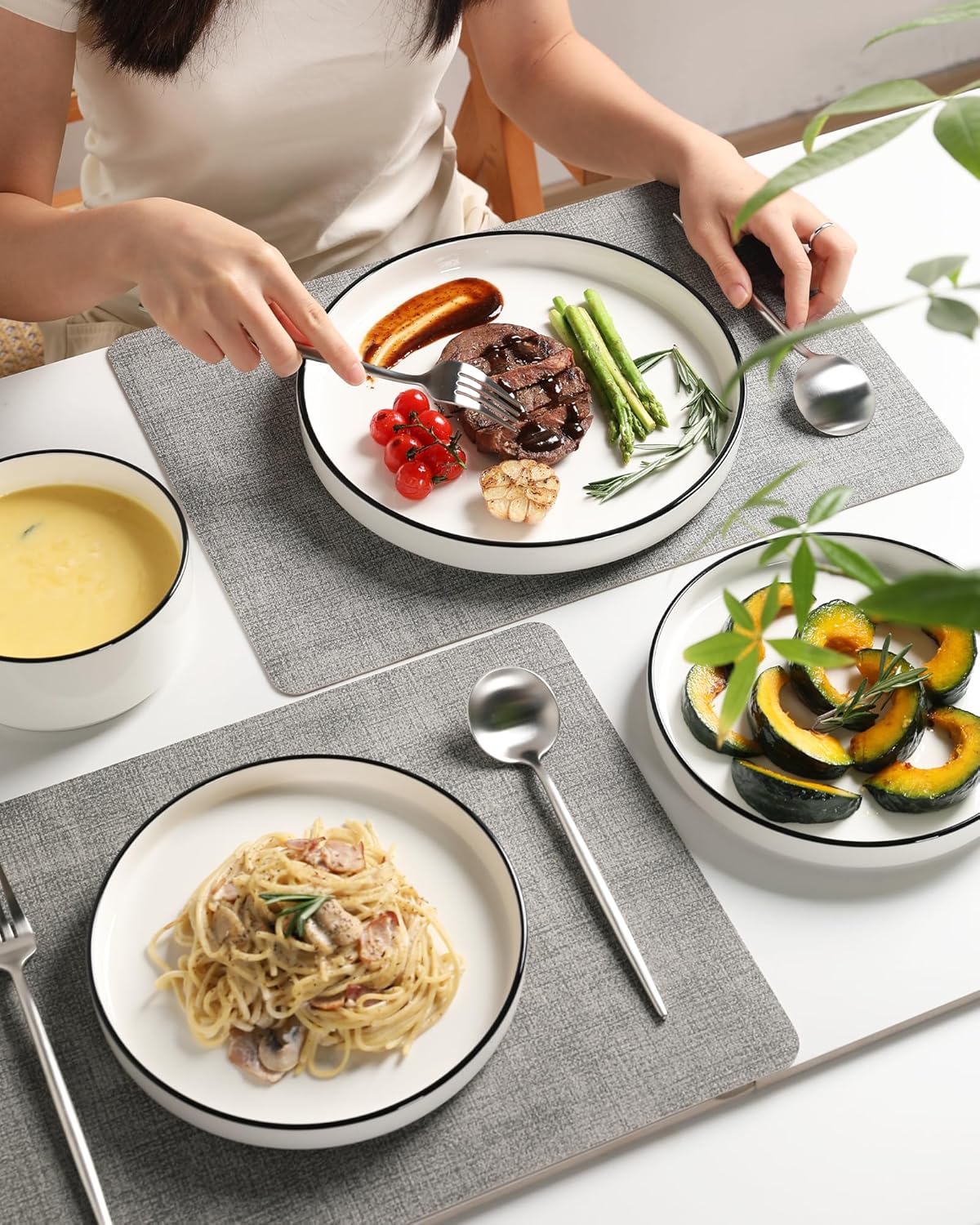 Sweejar Porcelain Dinnerware Sets for 4, 12 Pieces Ceramic Plates and Bowls Set, Classic Modern Simple Kitchen Dinner Dining Ware Set, Dishwasher and Microwave Safe Dishes Sets(Pure White-Black Rim)