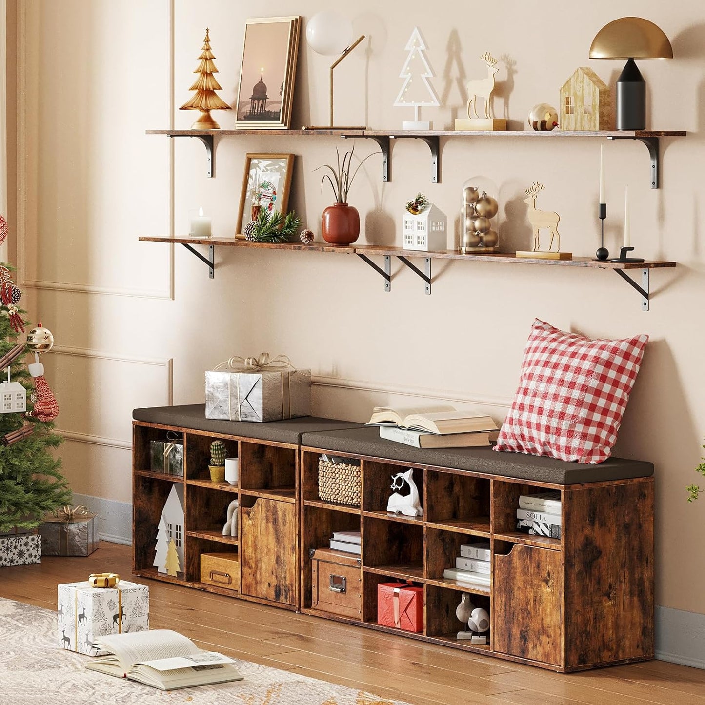 DINZI LVJ Long Wall Shelves, 47.3Inch Wall Mounted Shelves Set of 4, Extra Large Wall Storage Ledges with Sturdy Metal Brackets for Living Room, Bathroom, Bedroom, Kitchen, Rustic Brown