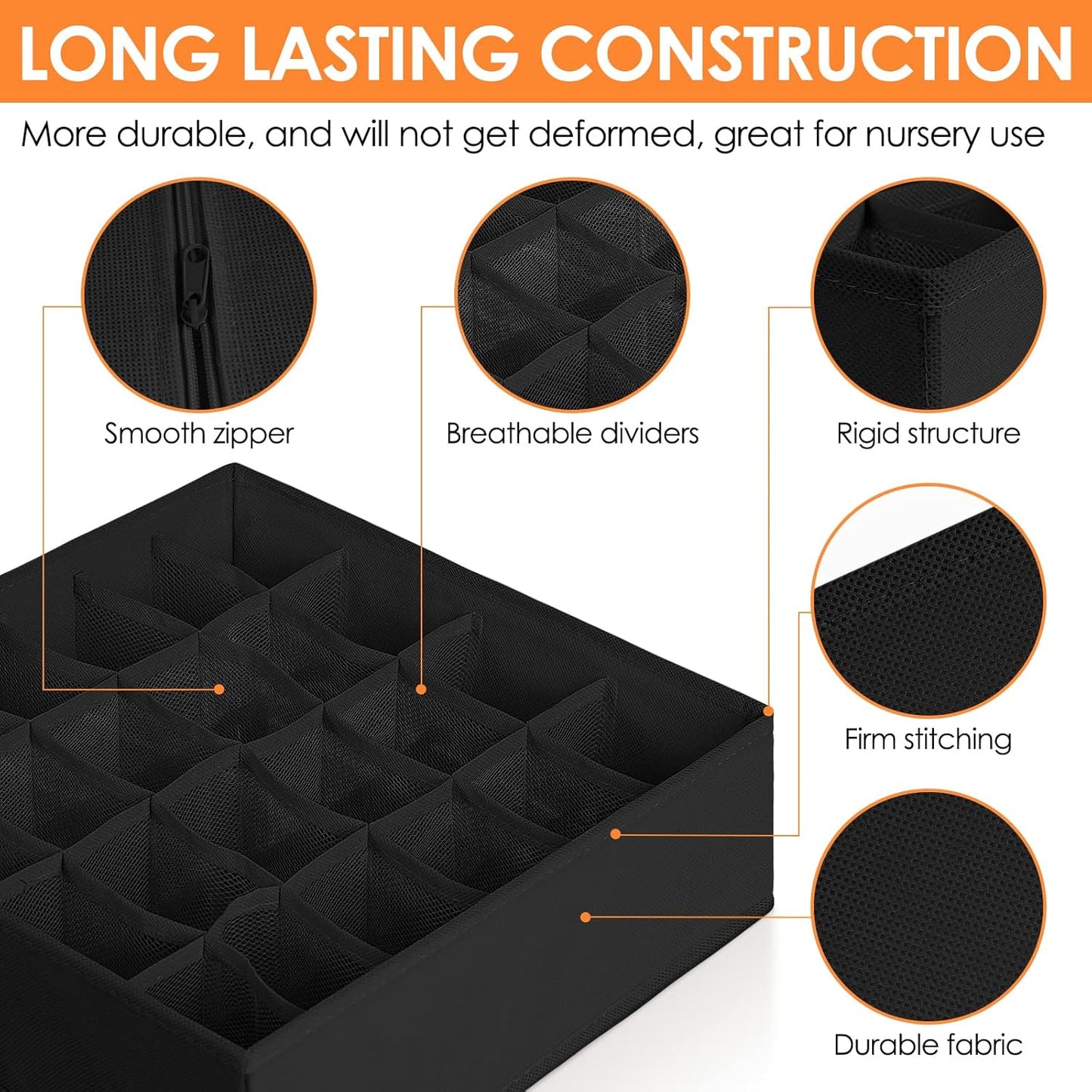 6 Pack Sock Underwear Drawer Organizer Dividers, 58 Cell Foldable Fabric Dresser Closet Organizers and Storage Bins for Clothing, Baby Clothes, Bra, Panty, Scarf, Ties (Black)