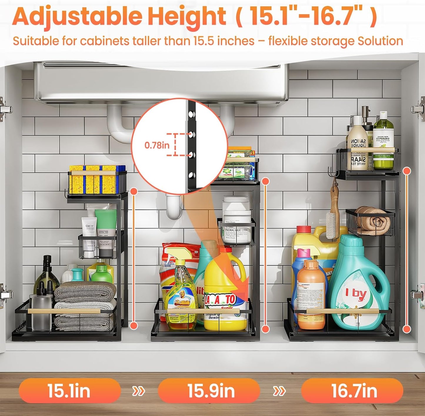 Under Sink Organizer and Storage for Bathroom and Kitchen - 1 Pack Pull Out Under Cabinet Shelf Organizers - 2 3 Tier Sliding Out Drawer Organization for Home Cabinets Shelves and Drawers