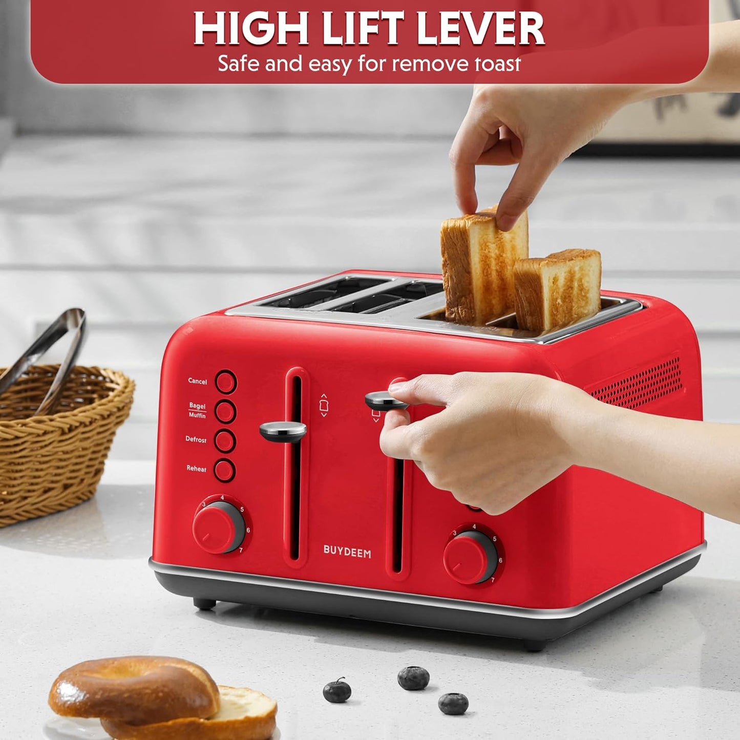 BUYDEEM DT640 4-Slice Toaster, Extra Wide Slots, Retro Stainless Steel with High Lift Lever, Bagel and Muffin Function, Removal Crumb Tray, 7-Shade Settings,Red