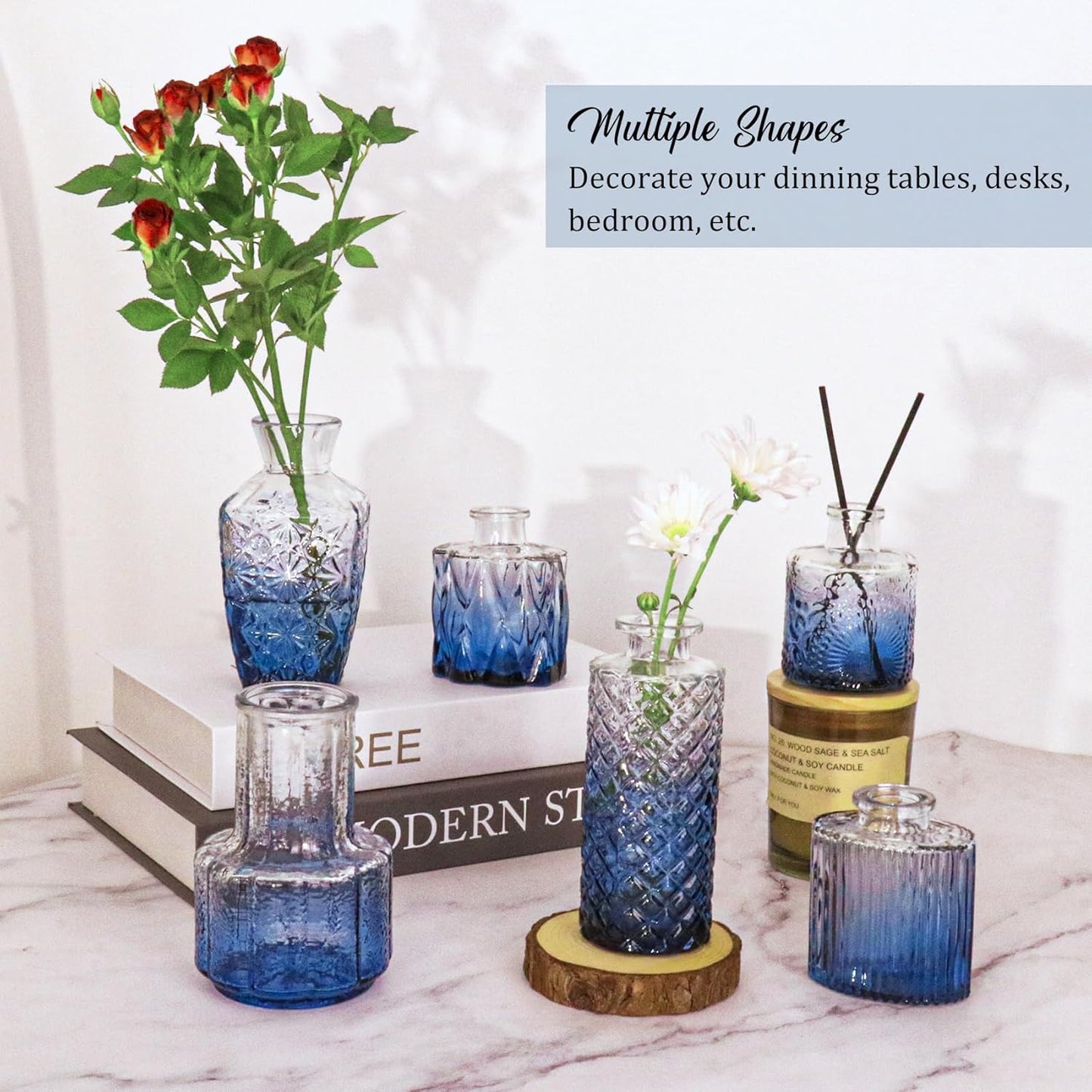 36Pcs Bud Vases Set Small Vintage Glass Bottles Bud Vases in Bulk Multiple Shape Cute Glass Vases for Rustic Wedding Centerpieces Table Decorations and Home Decor(Blue)