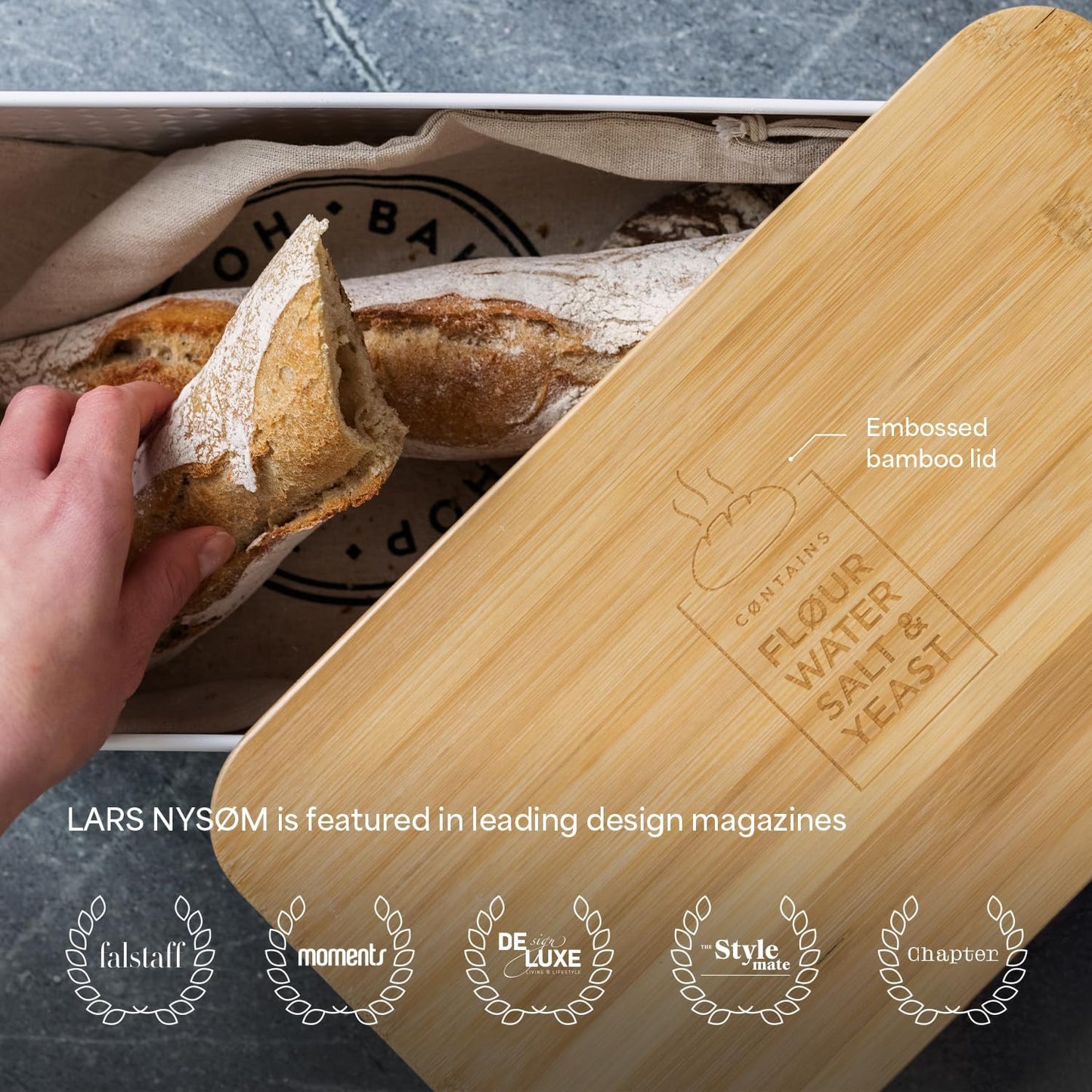 LARS NYSØM Bread Box I Metal Box with linen bag for long lasting freshness I Bread Bin with bamboo lid usable as cutting board I 13.4x7.3x5.3In (Pure White)