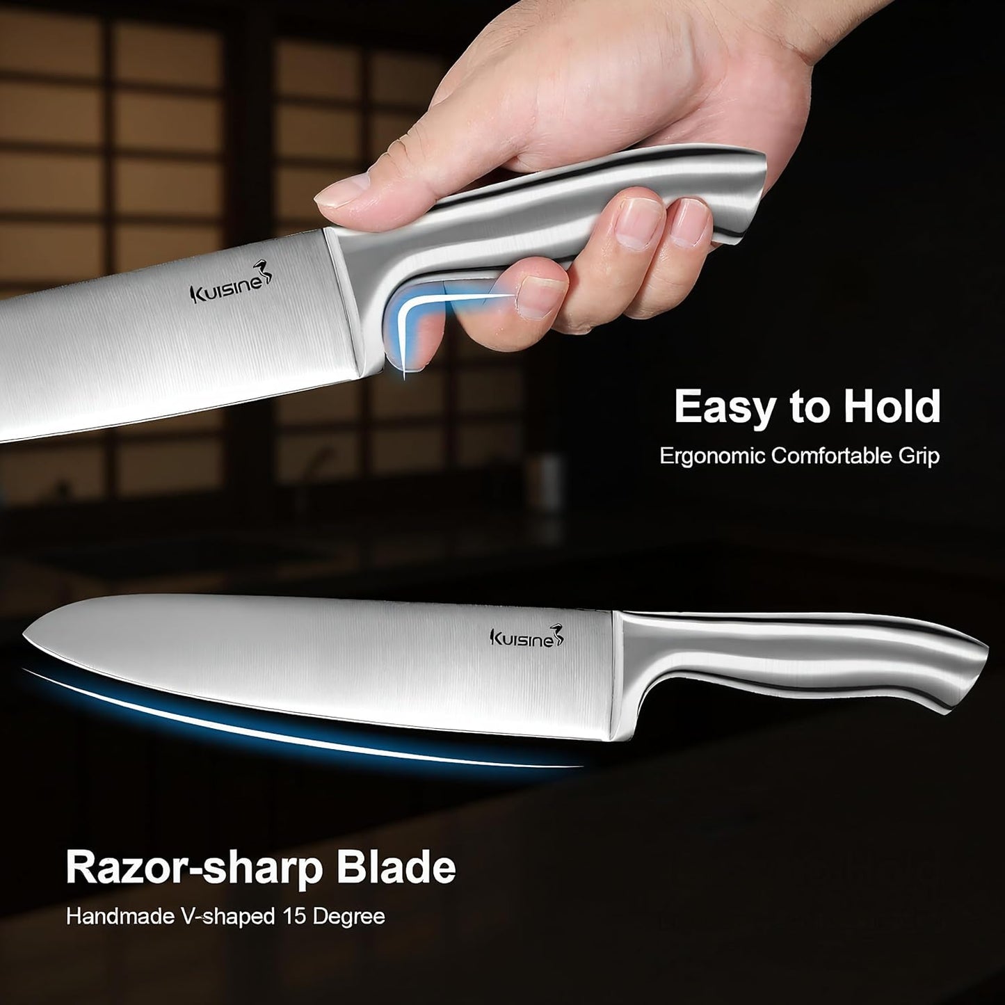 KUISINE Premium Chef Knife Set,High Carbon Stainless Steel Razor-sharp Blade Ergonomic Non-slip Steel Handle,Block Knife Set with Built-in Sharpener(Black Silver,15PCS)