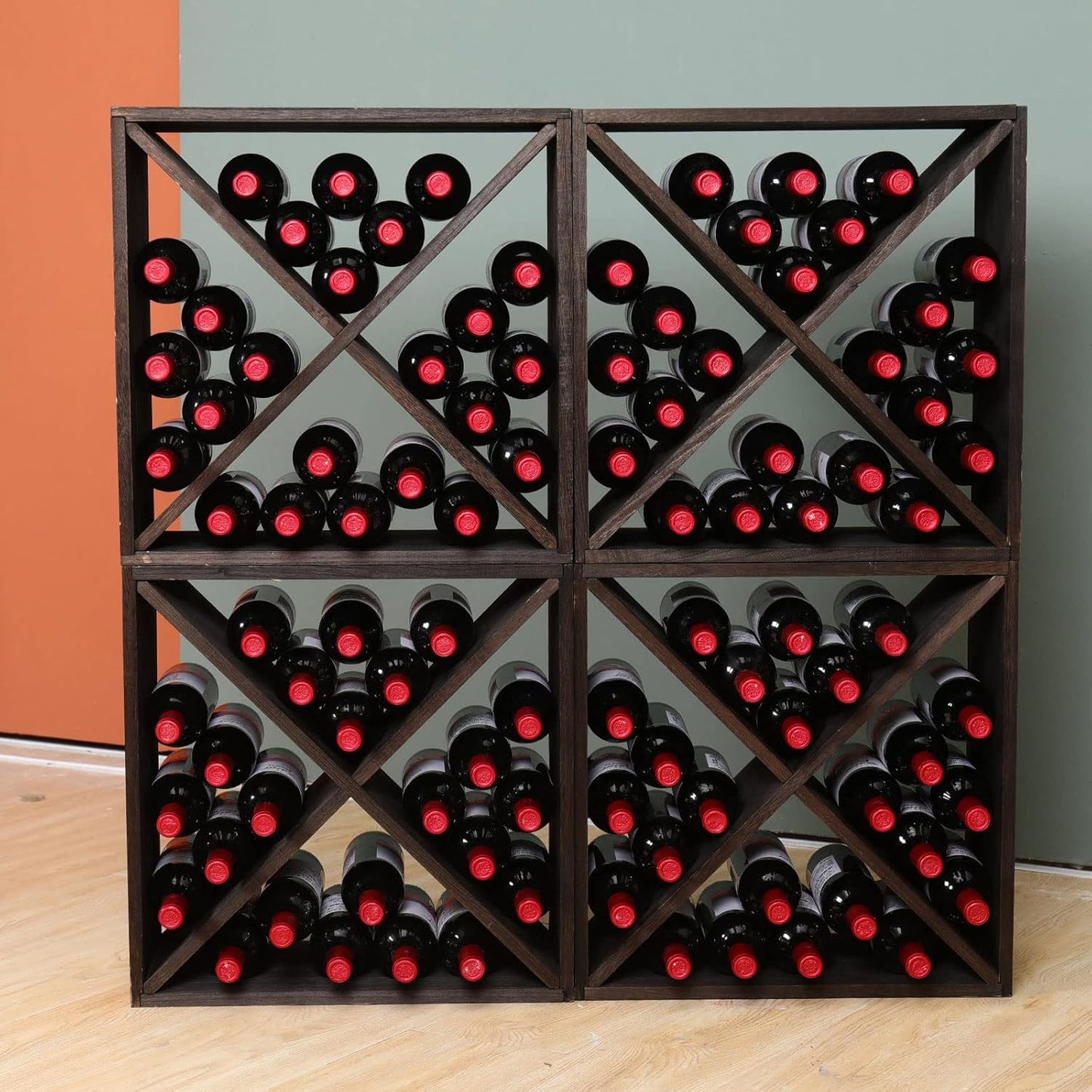 Wine Rack Cabinet countertop Wooden Stackable Storage Retro Cube freestanding Floor Wine Bottle Holder Stand(96BottleBlack)