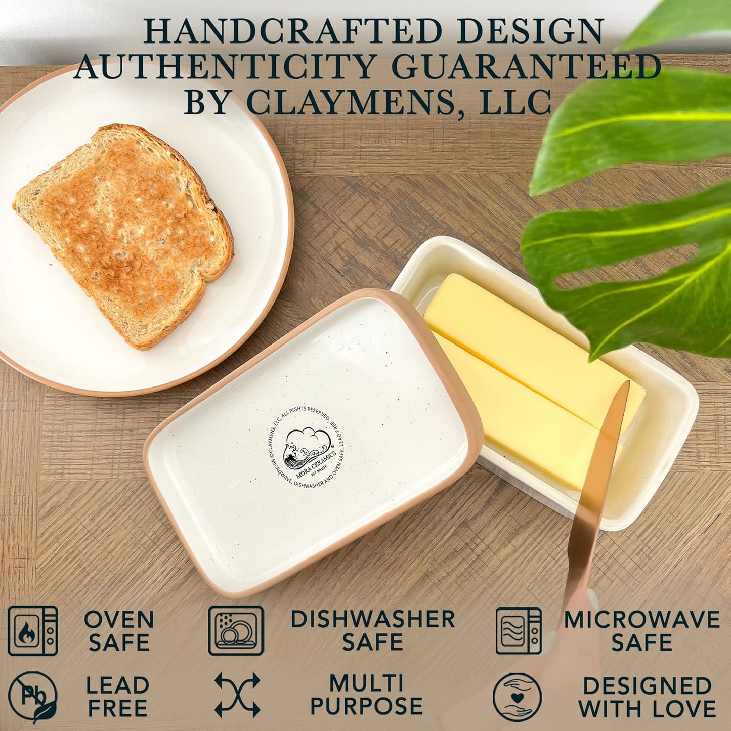 Mora Ceramic Two-in-One Butter Dish with Lid, Covered Butter Crock Container to Leave on Countertop - Large Storage Keeper/Holder for Kitchen, Gifts for Her, Butter Tray For Counter - Vanilla White