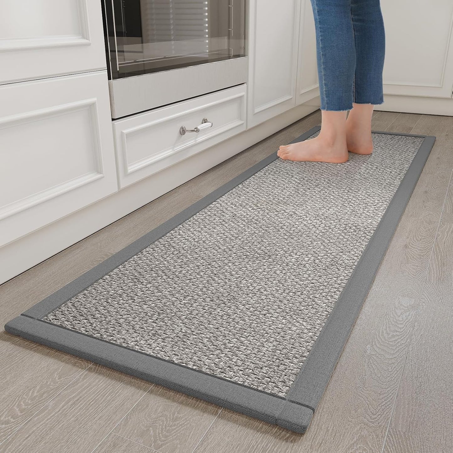 Kitchen Runner Rugs Non Slip Washable Anti Fatigue, 0.4" Thick Super Absorbent Cushioned Kitchen Mats for Floor Jute-Look Woven Sink Mat Standing Mat Office, Laundry, Easy Care, Gray 17"x59"