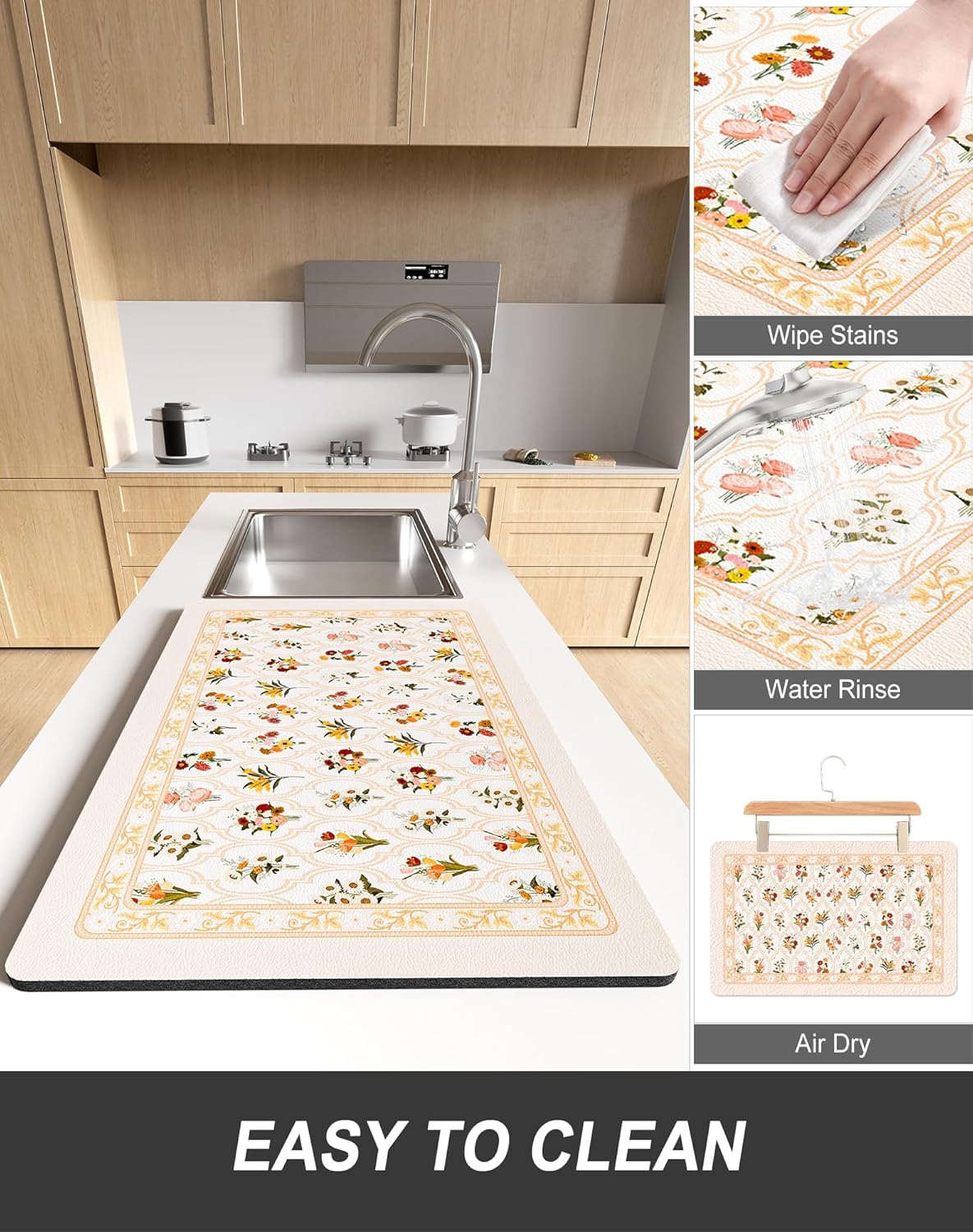 Rnivvi Dish Drying Mat for Kitchen Counter, XL 15 x 24" Cute Flower Theme Absorbent Draining Pad, Non-Slip Heat Resistant Coffee Bar Mat for Coffee Machine Station Accessories, Beige Dish Rack Pad