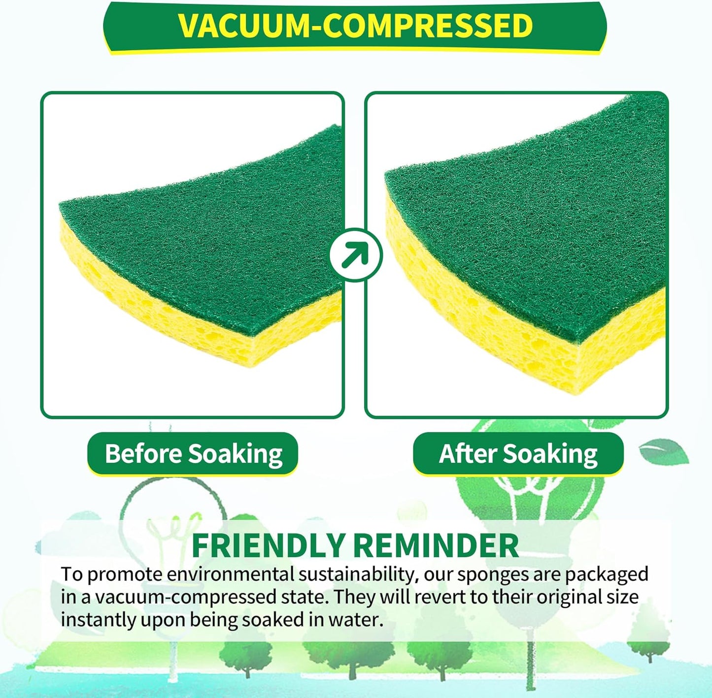 HOMERHYME Heavy Duty Scrub Sponge 24 Pack, Eco Cellulose Kitchen Dish Sponge Multipurpose Ergonomic for Washing Dishes, Uncoated Cookware & Household Cleaning.