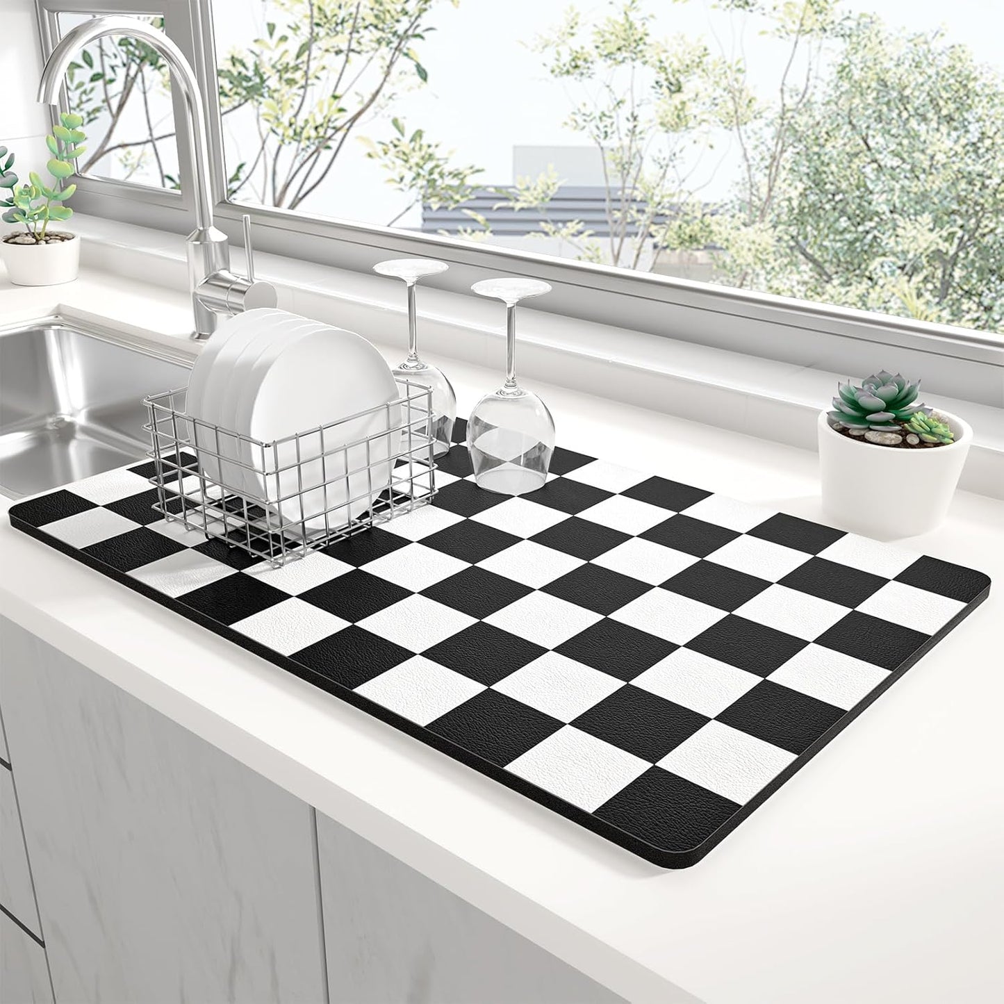 Rnivvi Dish Drying Mat for Kitchen Counter, 12 x 19" Cute Checkered Absorbent Draining Pad, Non-Slip Heat Resistant Coffee Bar Mats for Coffee Machine Station Accessories, Black White Dish Rack Pad