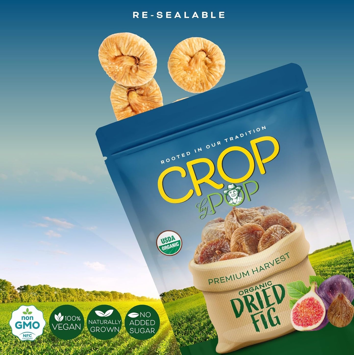 CROP BY POP - Organic Sun-Dried Turkish Smyrna White Figs (Higos, Anjeer) - No Sugar Added, Unsulphured (32oz, 2 LB) Bulk Dry Fruits Packed Fresh in Resealable Bag - USDA Organic, Non GMO, Kosher