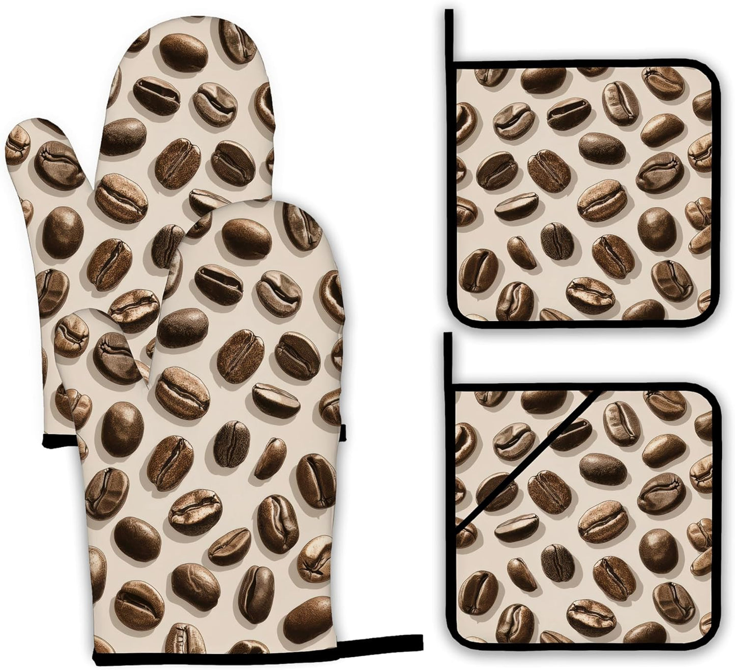 Coffee Bean Oven Mitts and Pot Holders Set,Kitchen Oven Gloves and Pot Holder with Heat Resistant Non Slip for Cooking Baking Grilling(4 Piece Set)