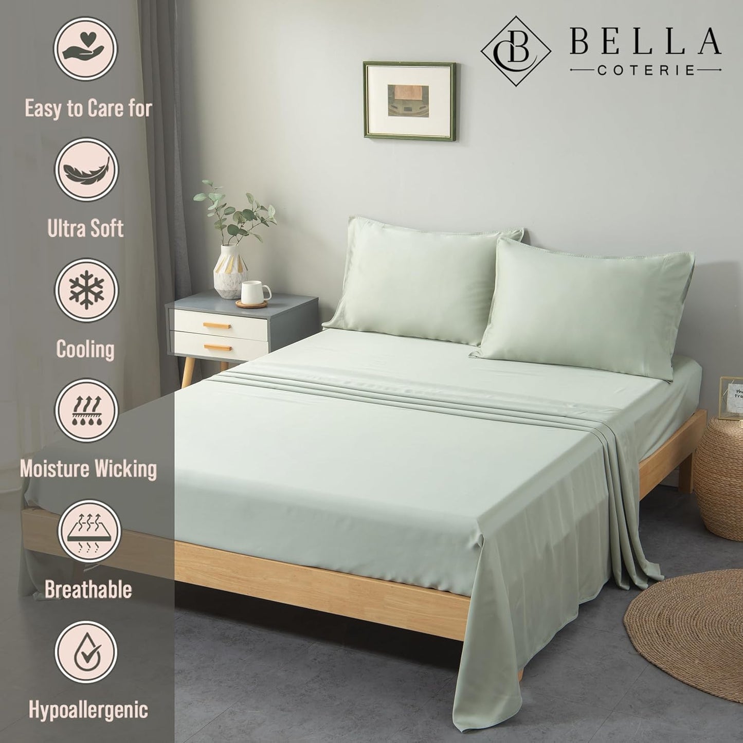 Bella Coterie Luxury Bamboo Viscose Queen Size Sheet Set | 100% Organically Grown | Ultra Soft | Cooling for Hot Sleepers | 18" Deep Pocket [Sea Glass]