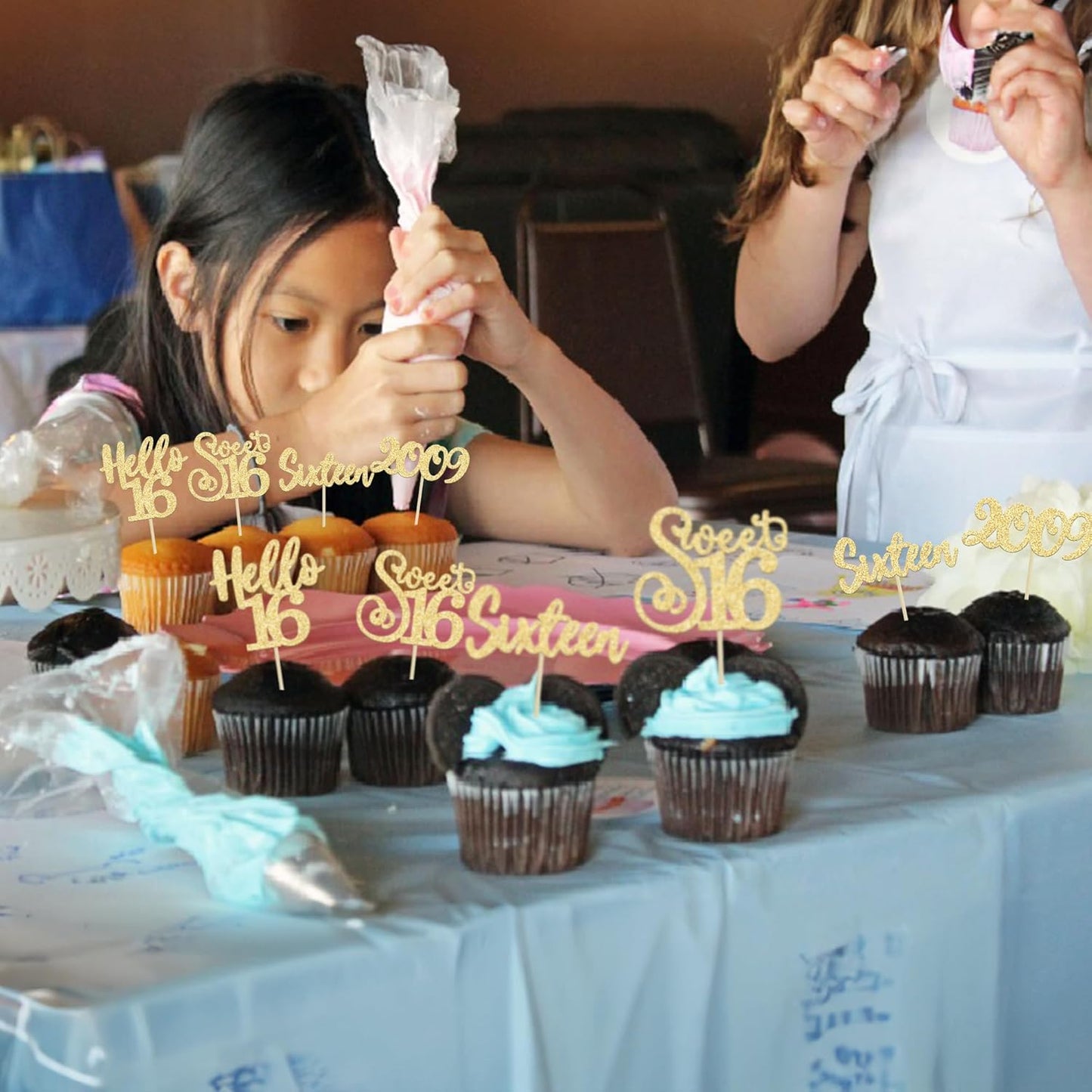 Gyufise 24pcs Sweet 16 Cupcake Toppers - Gold Glitter, Hello 16, Cupcake Picks, Cake Decorations for 16th Birthday Party Supplies