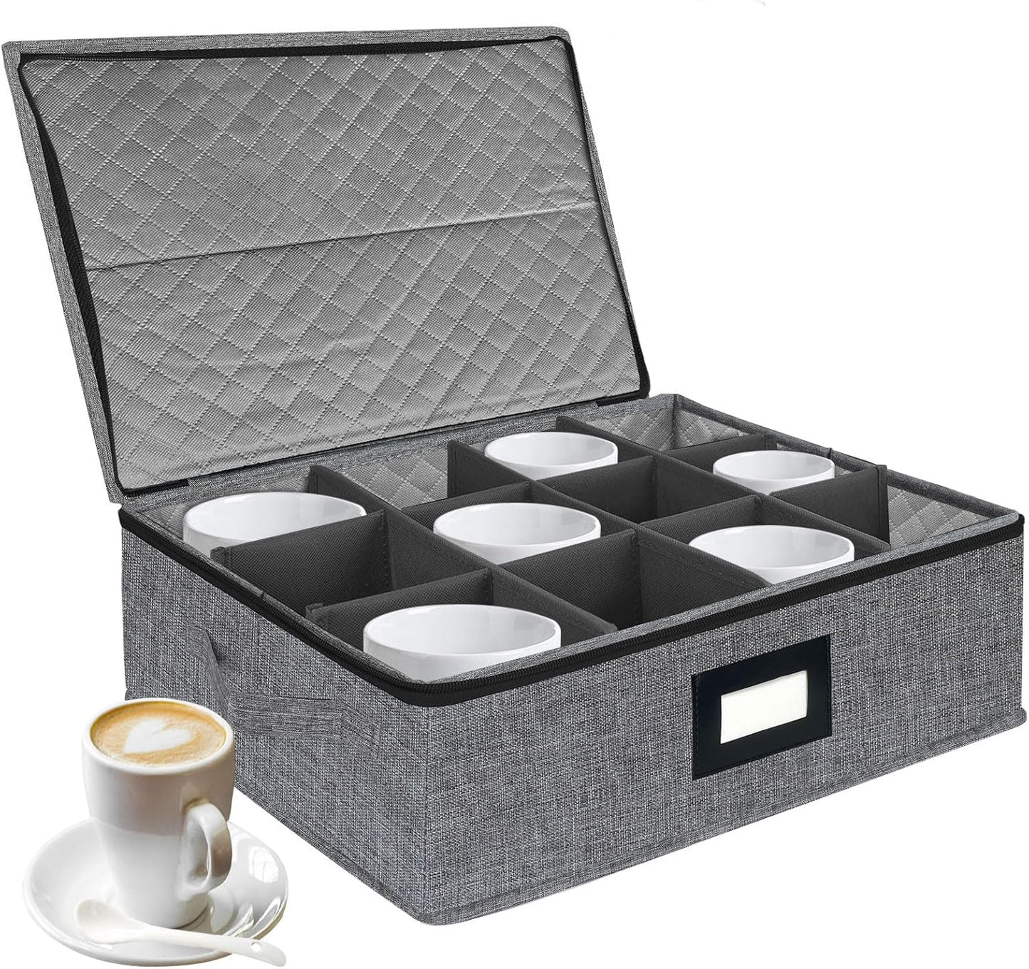 VERONLY Mug and Cup Storage Box with Dividers, Coffee Mug Storage Case China Storage Containers Hard Shell with Lid and Handles, Stackable for 12 Coffee Mugs, Tea Cups, Moving & Packing (Dark Grey)
