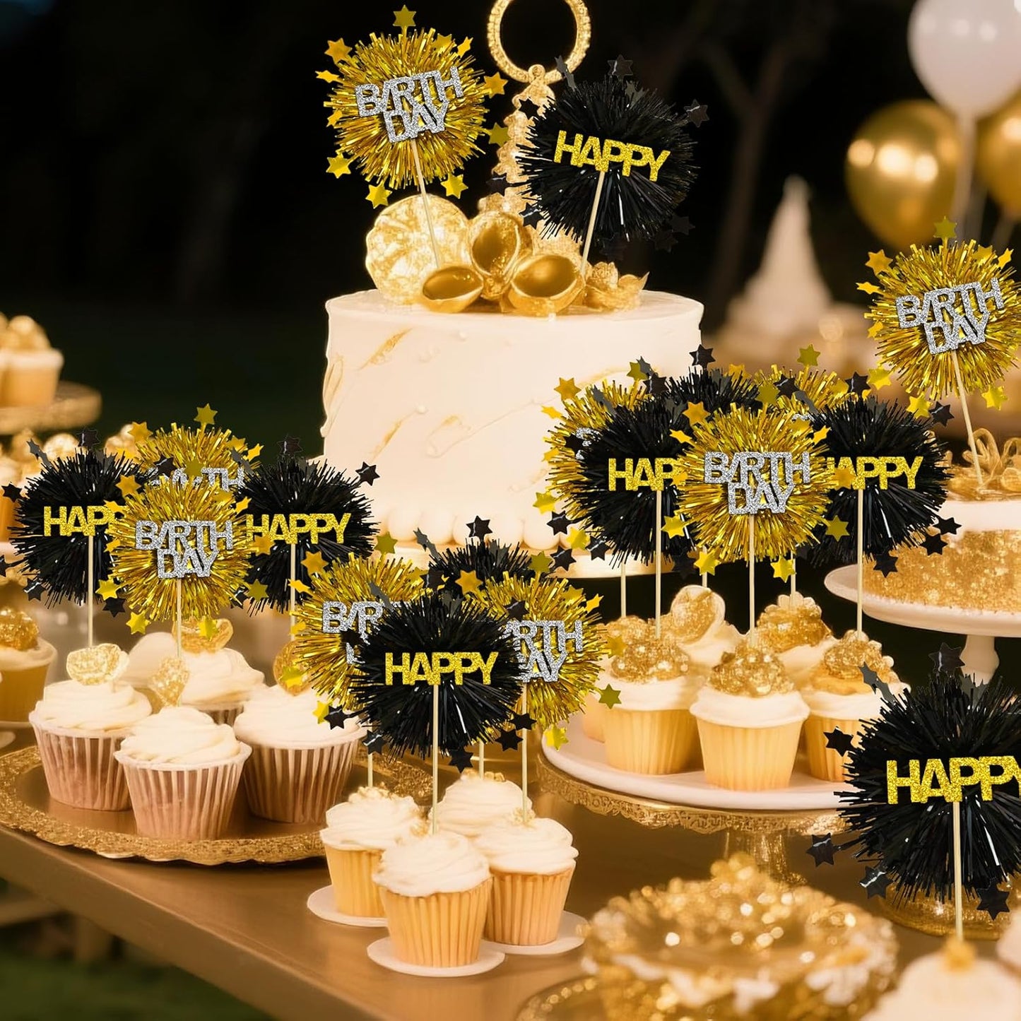 LOLStar 12 PCS Happy Birthday Cake Toppers, Black and Gold Foil Cupcake Toppers, Glitter Tinsel Cupcake Decor, Food Picks Drink Stirrers Cocktail Toothpicks for Celebrating Party Supplies