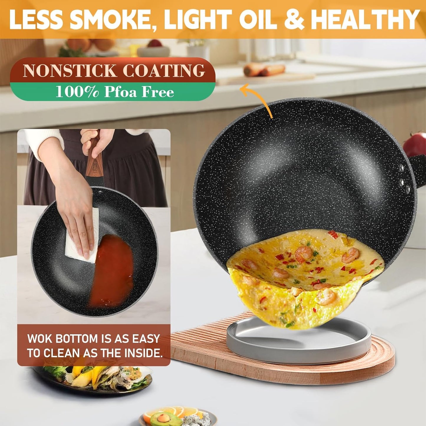 AOSION 13'' Nonstick Wok, Woks & Stir-Fry Pans Non Stick Wok with Lid and Steamer Basket Spatula Ladle, 100% PFOA Free Induction Wok Pan for Electric, Gas, Halogen, All Stoves