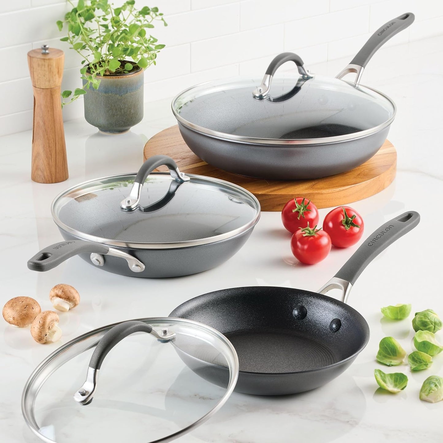 Circulon A1 Series with ScratchDefense Technology Nonstick Induction, Frying Pans/Skillets with Lids, Metal Utensil Safe, Skillet Set w/Lid (8.5", 10" & 12") - Graphite