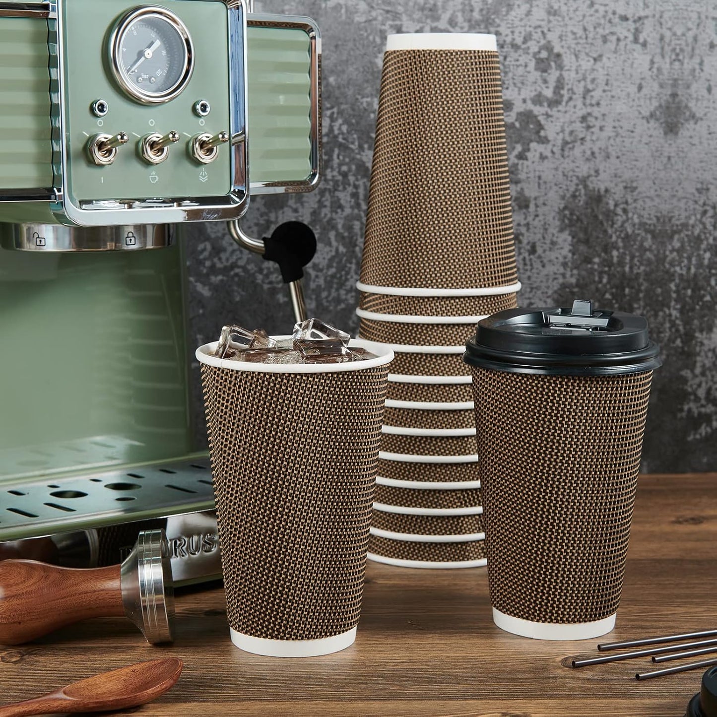 LITOPAK 80 Pack 16 oz Paper Coffee Cups, Insulated Ripple Wall Paper Cups with Lid and Straws, Three Layer Insulated Hot Beverage Cups for Hot Drinks, Coffee Cups for Parties, Picnic, and Travel
