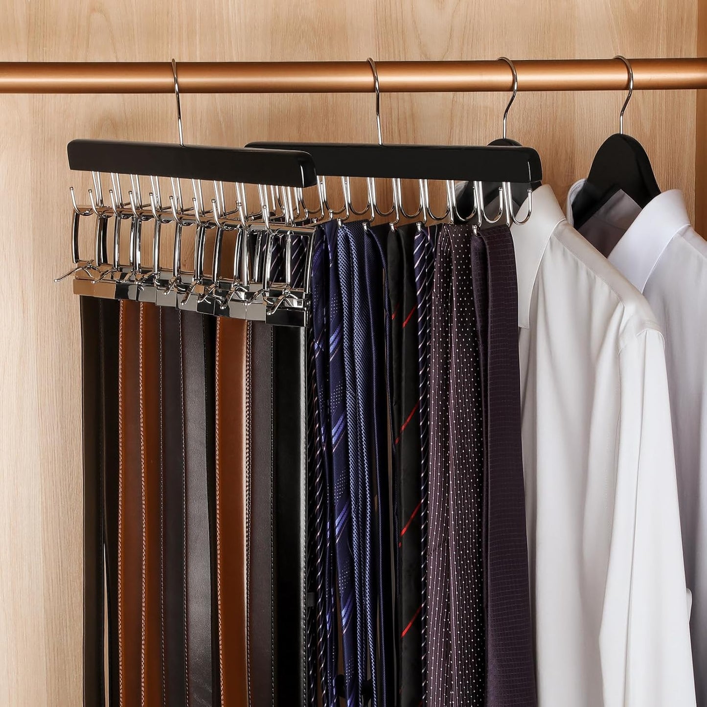 TOPIA HANGER 2 Pack 2 in 1 Belt Tie Hanger for Closet Max 60 Belts with 60 Ties Capacity, 40 Hooks Belt Tie Racks Wooden Hanger for Closet Organizer Storage “U” Fit Belt and “一” Fit Tie - CT52B