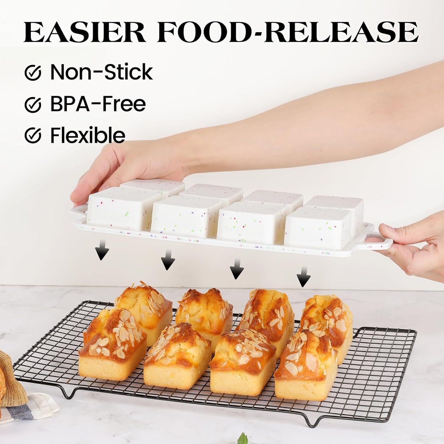 2 Pcs Mini Loaf Pans Silicone, Nonstick Small Bread Pans for Baking, Tiny Meatloaf Pan with Metal Reinforced Frame 8 Cavity (Cream)