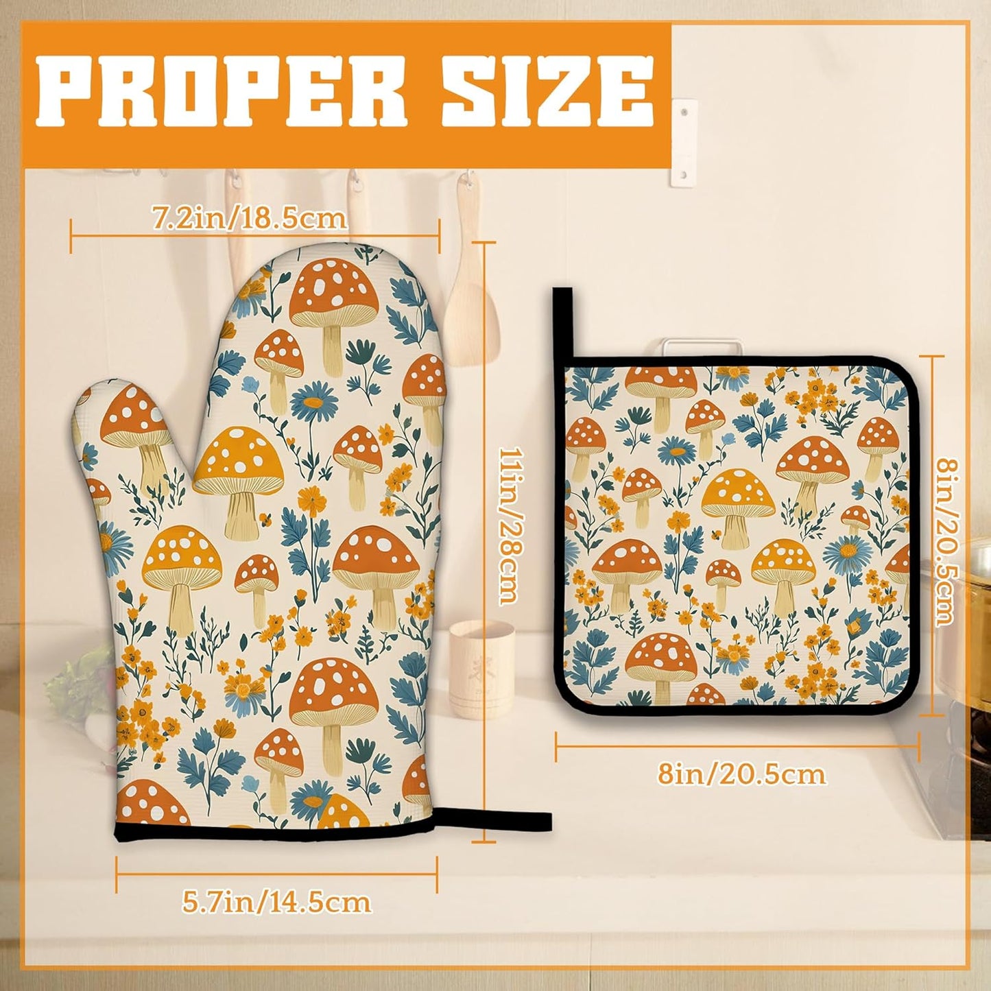 Cute Mushroom Forest Oven Mitts and Pot Holders,Floral Flower Heat Resistant Oven Mitts Gloves and Pot Holder for Home Kitchen Decorations Cooking Baking BBQ Gifts,Set of 4