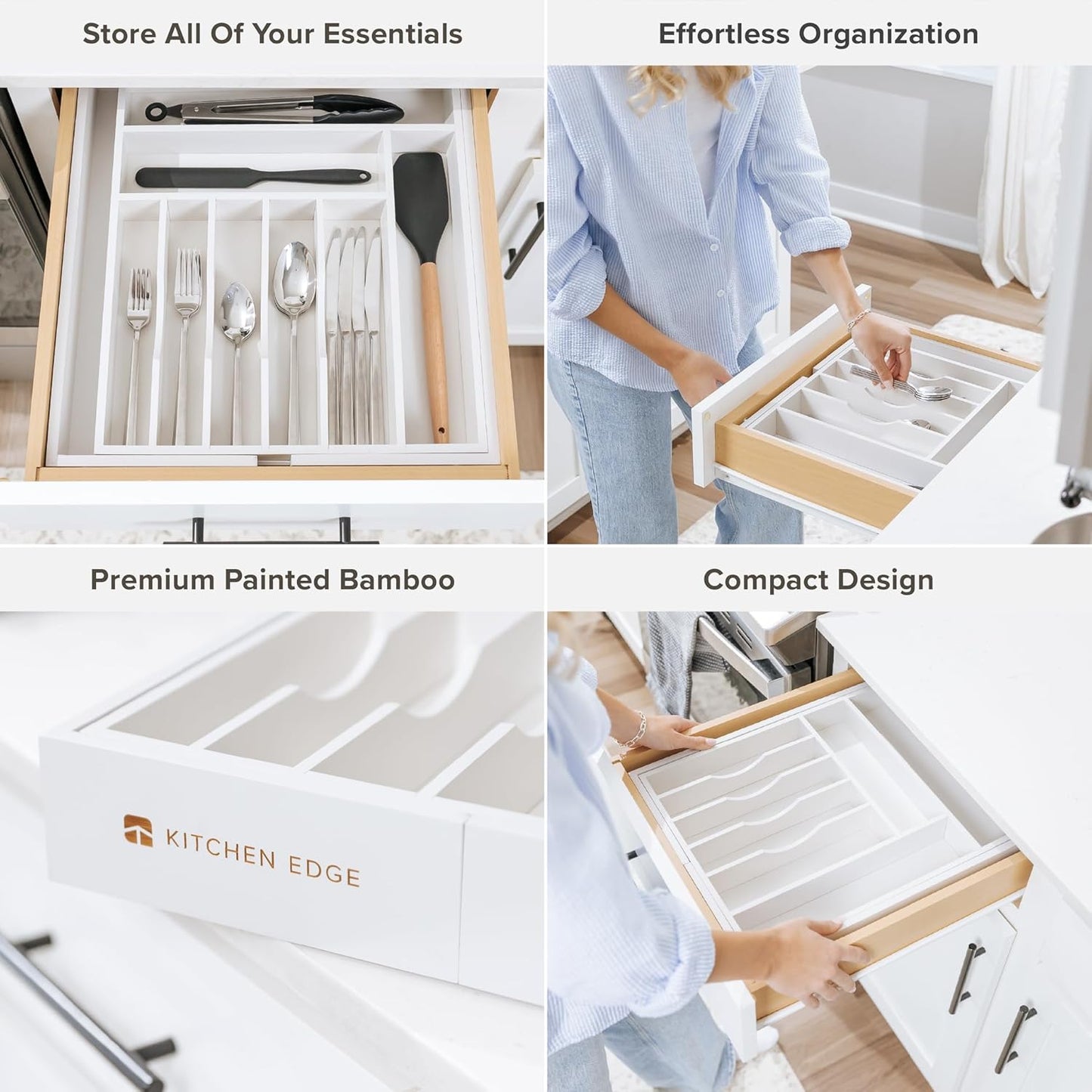 KitchenEdge Premium Silverware, Flatware and Utensil Organizer for Kitchen Drawers, Food-Safe Contract Grade, Expandable from 14.5 to 25 In, White Bamboo