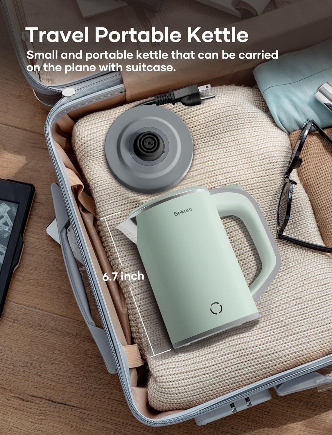 Sekaer Small Electric Tea Kettle Stainless Steel 0.8L Portable Travel Hot Water Boiler, Mini Electric Coffee Kettle with Auto Shut-Off & Boil Dry Protection, Cordless Base & Green