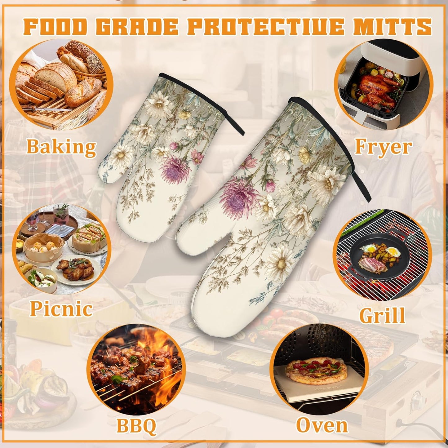 Vintage Wildflowers Oven Mitts and Pot Holders,Floral Botanical Herbs Heat Resistant Oven Mitts Gloves and Pot Holder for Home Kitchen Decorations Cooking Baking BBQ Gifts,Set of 4