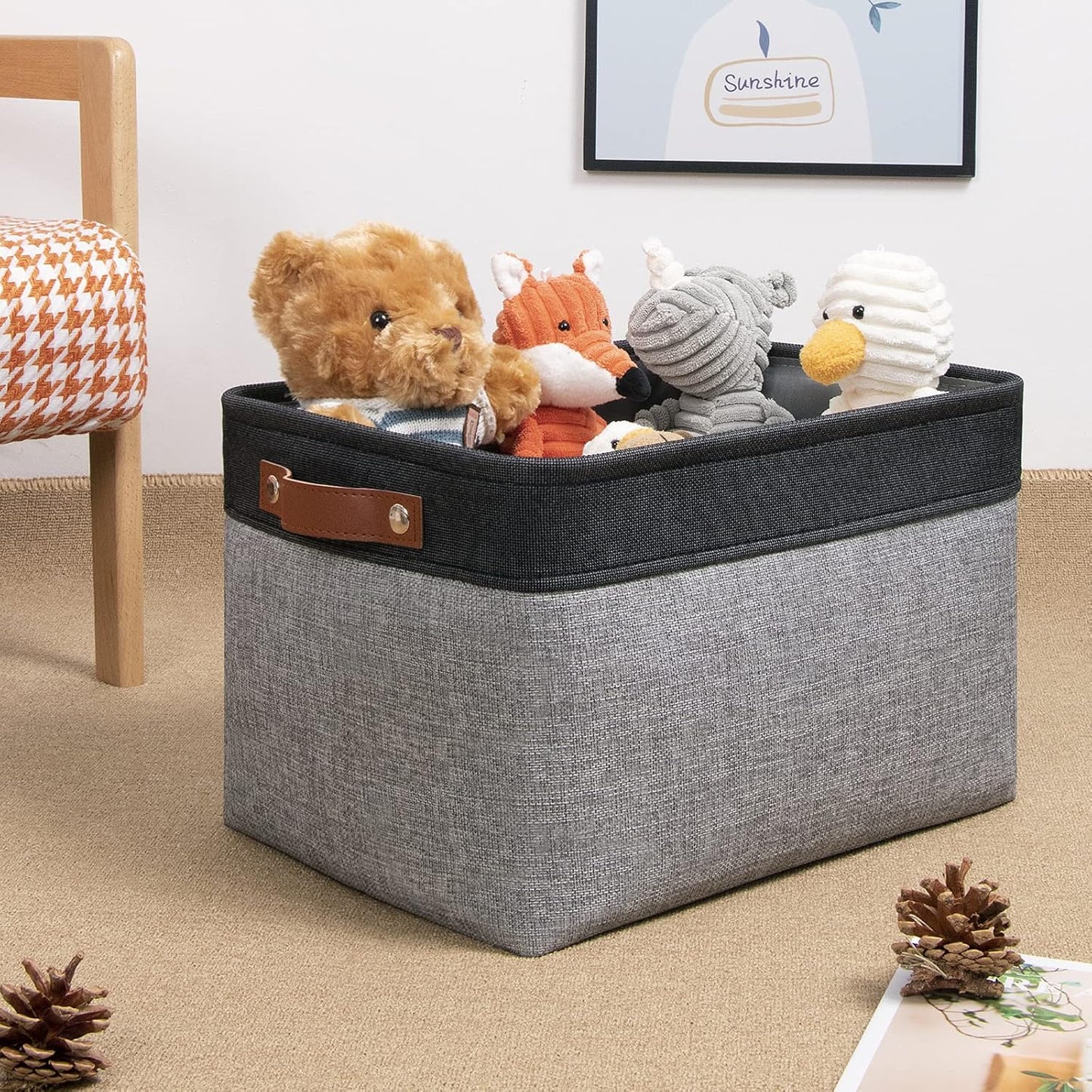 DULLEMELO Canvas Storage Bin with Handles, Fabric Bins for Shelves, Bedroom, Office,Nursery,Fabric Storage Baskets for Toys, Clothes,Gift(Black&Grey,15"x11"x9.5",4-Pack)