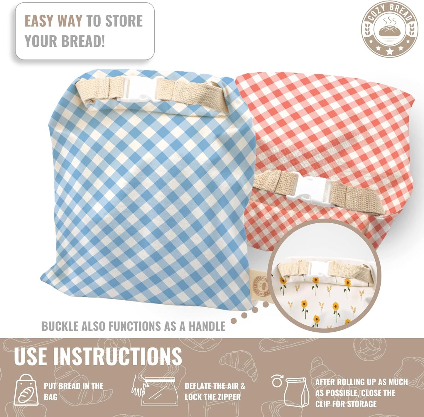 Cozy Bread® Reusable Bread Bag Set for Home Bakers | USA Brand | Charming Designs (Gingham)