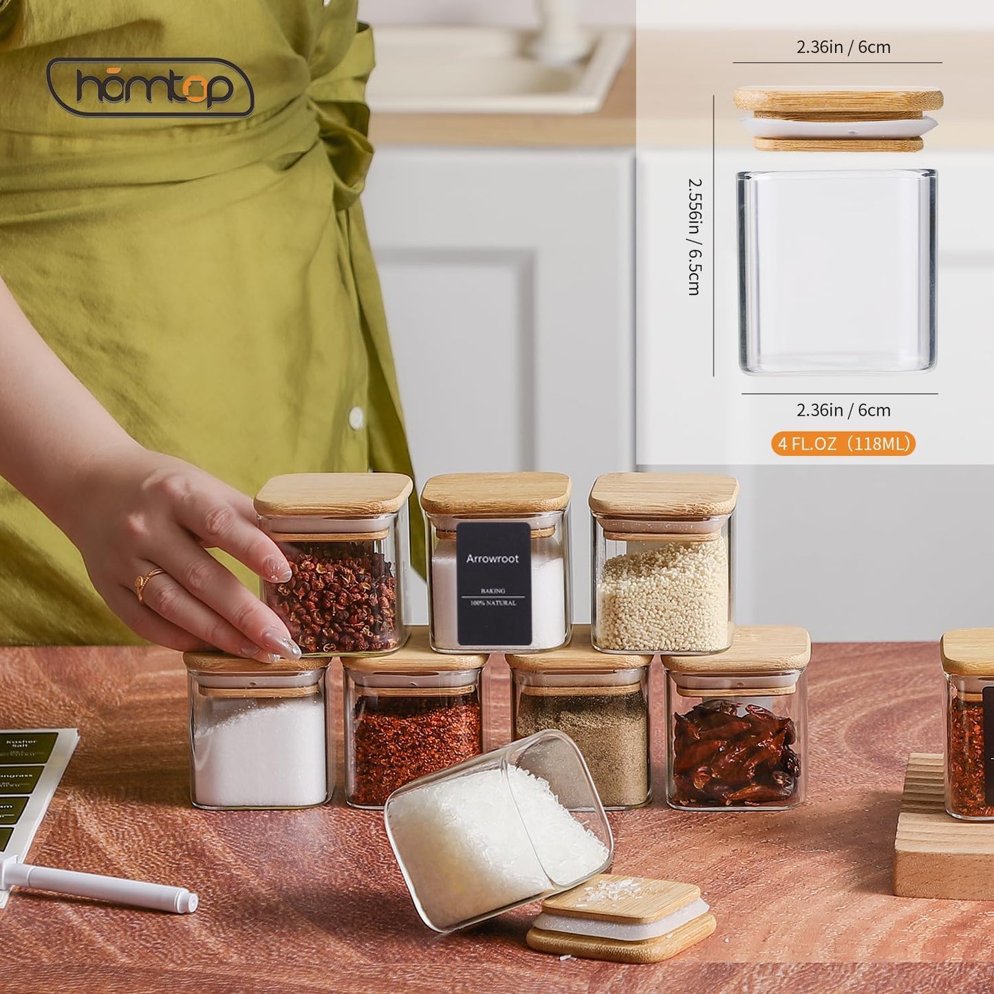 24Pcs 4oz Spice Jars with 275 Labels, Small Seasoning Glass Container Empty Organizer with Bamboo Lid Set for Pepper, Salt, Sugar