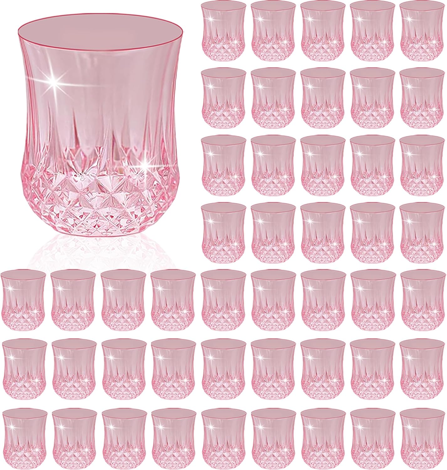 48 PCS Pink Stemless Wine Glasses，Colored Plastic Reusable Cups 9OZ Vintage Drinking Glasses Tumblers for Whisky, Beer, Juice, Beverages, Cocktai