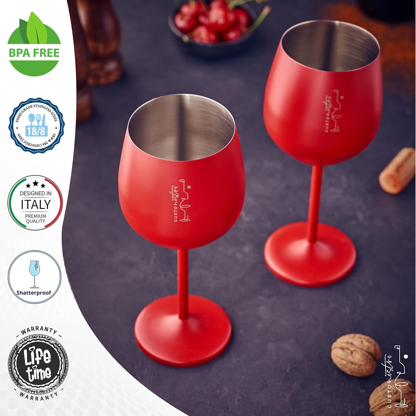 Gusto Nostro Stainless Steel Wine Glass - 18 oz - Cute, Red Unbreakable Wine Glasses for Travel, Camping and Pool - Fancy, Unique, Cool Portable Metal Wine Glass for Outdoor Events, Picnics (Set of 4)