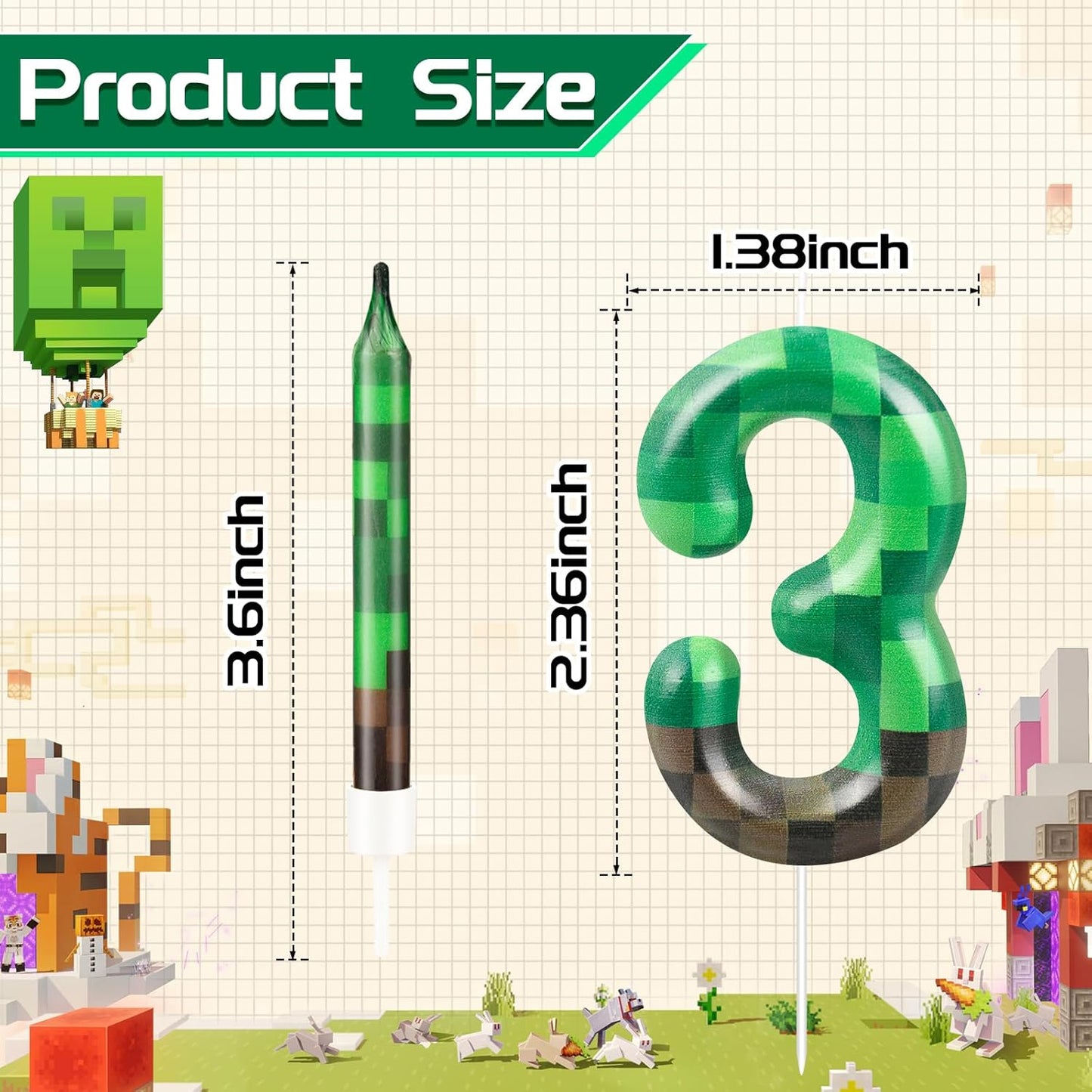 13 Pcs Dynamite Themed Birthday Candles & Number 3 Candle Topper for Pixel Theme Parties