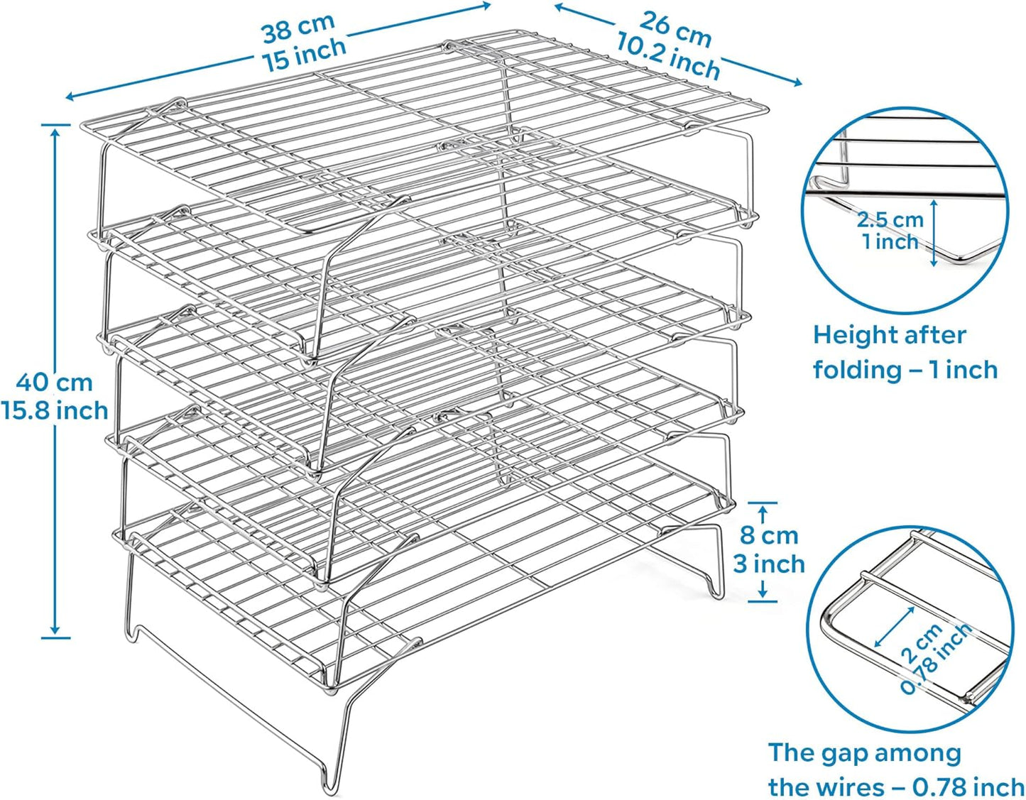 15IN x 10IN Cooling Baking Rack Set of 5, Leonyo 5-Tier Stackable Stainless Steel Wire Baking Cooking Racks Set for Cookie, Pizza, Cup Cake, Raised & Folding Feet