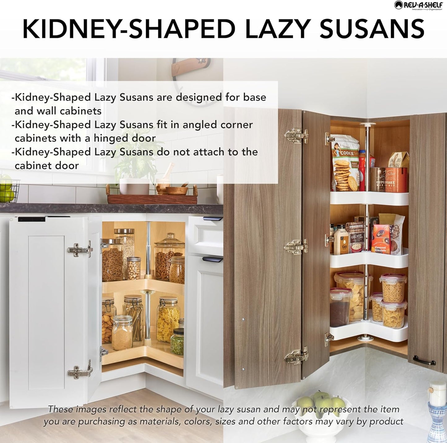 Rev-A-Shelf Dual Shelves Kidney-Shape 28" Lazy Susan Organizer for Lower Corner & Base Kitchen Cabinets, Turntable Home Storage, Wooden, 4WLS472-28-52