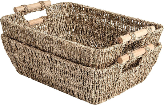 StorageWorks Hand-Woven Large Storage Baskets with Wooden Handles, Seagrass Wicker Baskets for Organizing, 2-Pack