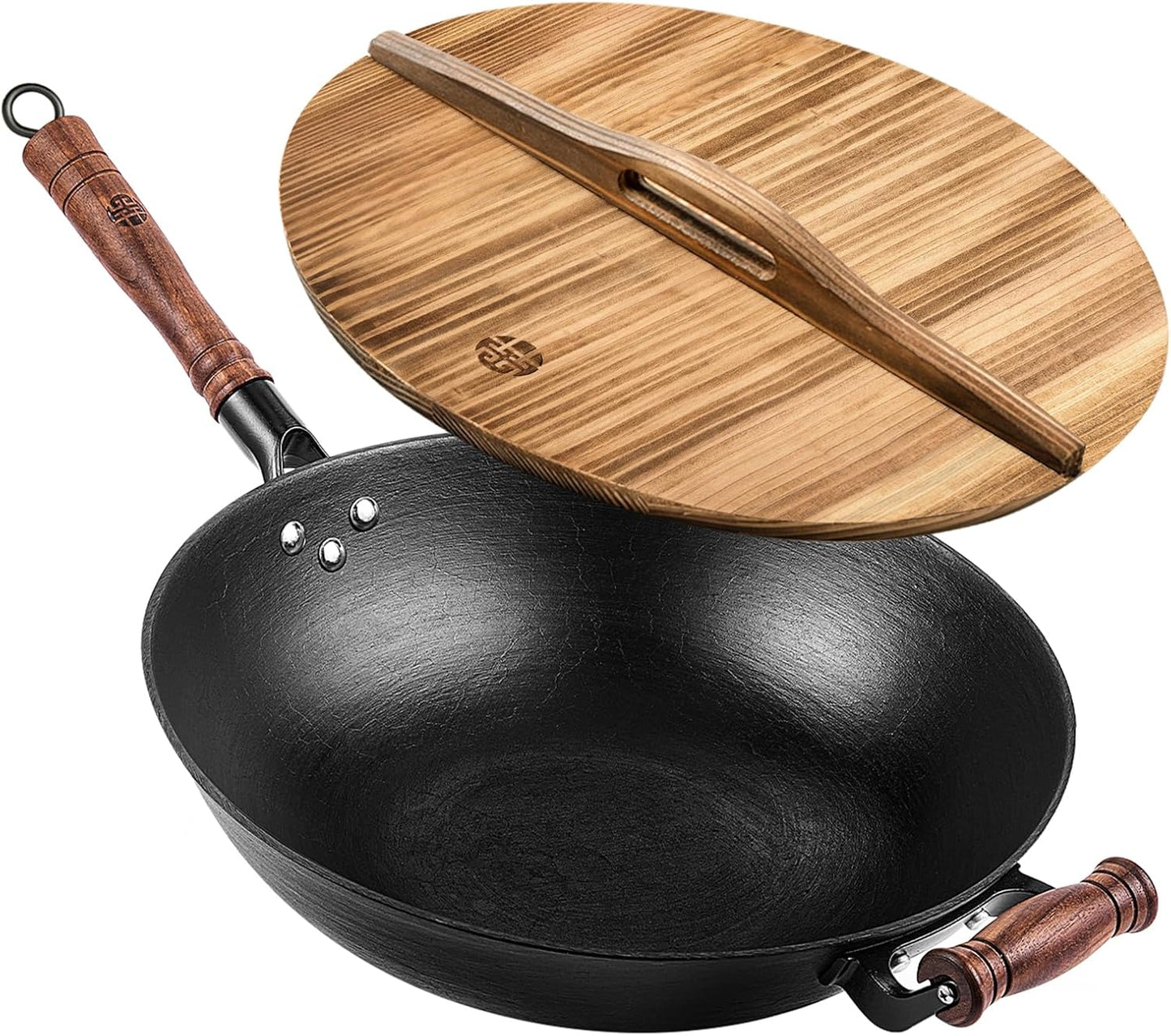 WANGYUANJI 13.4 Inch Cast Iron Wok with Lid – Flat Bottom Chinese Stir Fry Pan, Handcrafted Non-Coated Iron Cookware for Induction, Gas & Electric Stoves, Black